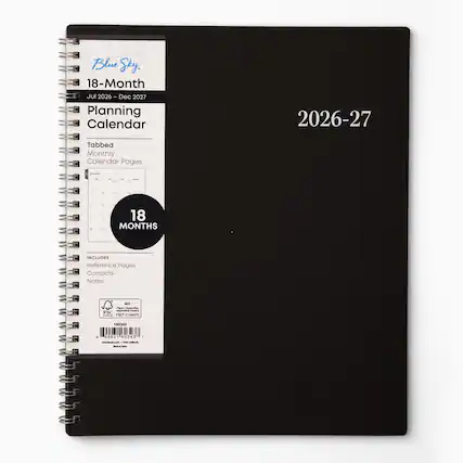 Blue Sky, 18-Month Jul 2026 - Dec 2027 Planning Calendar
2026-27
Tabbed Monthly Calendar Pages
18 MONTHS
INCLUDES Reference Pages Contacts Notes
MIX Paper Supporting FSC mazy FBC* C104272
160343
6 99931 60343 www.blog.com ntx Cattama