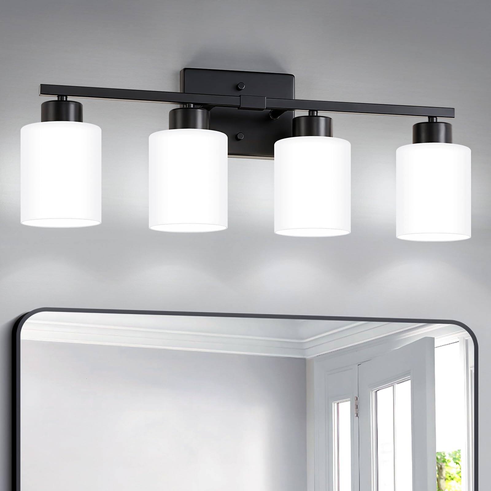 Front. Dazzling Pops - Bathroom Light Fixtures Modern Vanity Over Mirror Wall Sconces With Milky Frosted Glass Shades E Socket - Black 4-Light.