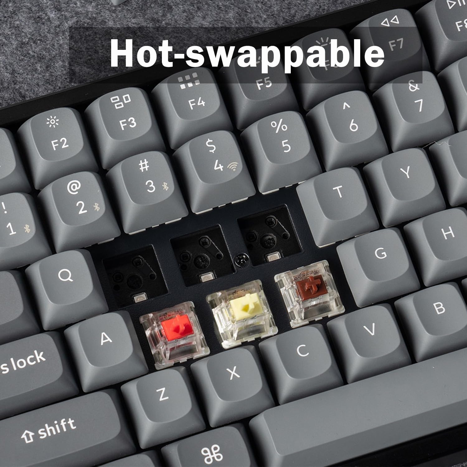 The text on the image is grouped and corrected as follows:

1. Hot-swappable F5 & F4: This refers to the ability to easily replace or swap out the F5 and F4 keys on the keyboard.
2. F3: This key is located on the keyboard and is typically used for functions such as deleting or navigating through files.
3. %: This key is often used in programming or computer-related tasks, such as accessing the command prompt or executing specific commands.
4. 6: This key is typically used for navigating through files or folders, such as opening or closing a folder.
5. $: This key is often used for navigating through files or folders, such as opening or closing a folder.
6. |: This key is typically used for navigating through files or folders, such as opening or closing a folder.
7. #: This key is often used for navigating through files or folders, such as opening or closing a folder.
8. Y: This key is typically used for navigating through files or folders, such as opening or closing a folder.
9. @: This key is often used for navigating through files or folders, such as opening or closing a folder.
10. *: This key is typically used for navigating through files or folders, such as opening or closing a folder.
11. T: This key is often used for navigating through files or folders, such as opening or closing a folder.
12. !: This key is typically used for navigating through files or folders, such as opening or closing a folder.
13. 2: This key is often used for navigating through files or folders, such as opening or closing a folder.
14. C: This key is typically used for navigating through files or folders, such as opening or closing a folder.
15. V: This key is often used for navigating through files or folders, such as opening or closing a folder.
16. A: This key is typically used for navigating through files or folders, such as opening or closing a folder.
17. Z: This key is often used for navigating through files or folders, such as opening or closing a folder.
18. X: This key is typically used for navigating through files or folders, such as opening or closing a folder.
19. G