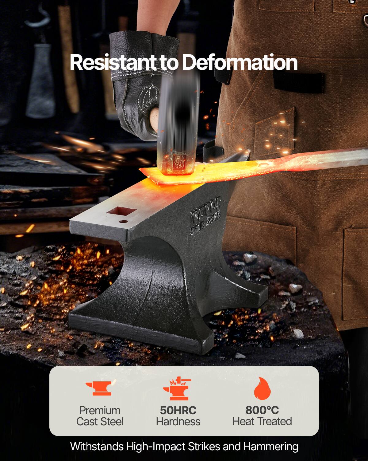 - Resistant to Deformation
- Premium Cast Steel
- 50HRC Hardness
- 800°C Heat Treated
- Withstands High-Impact Strikes and Hammering