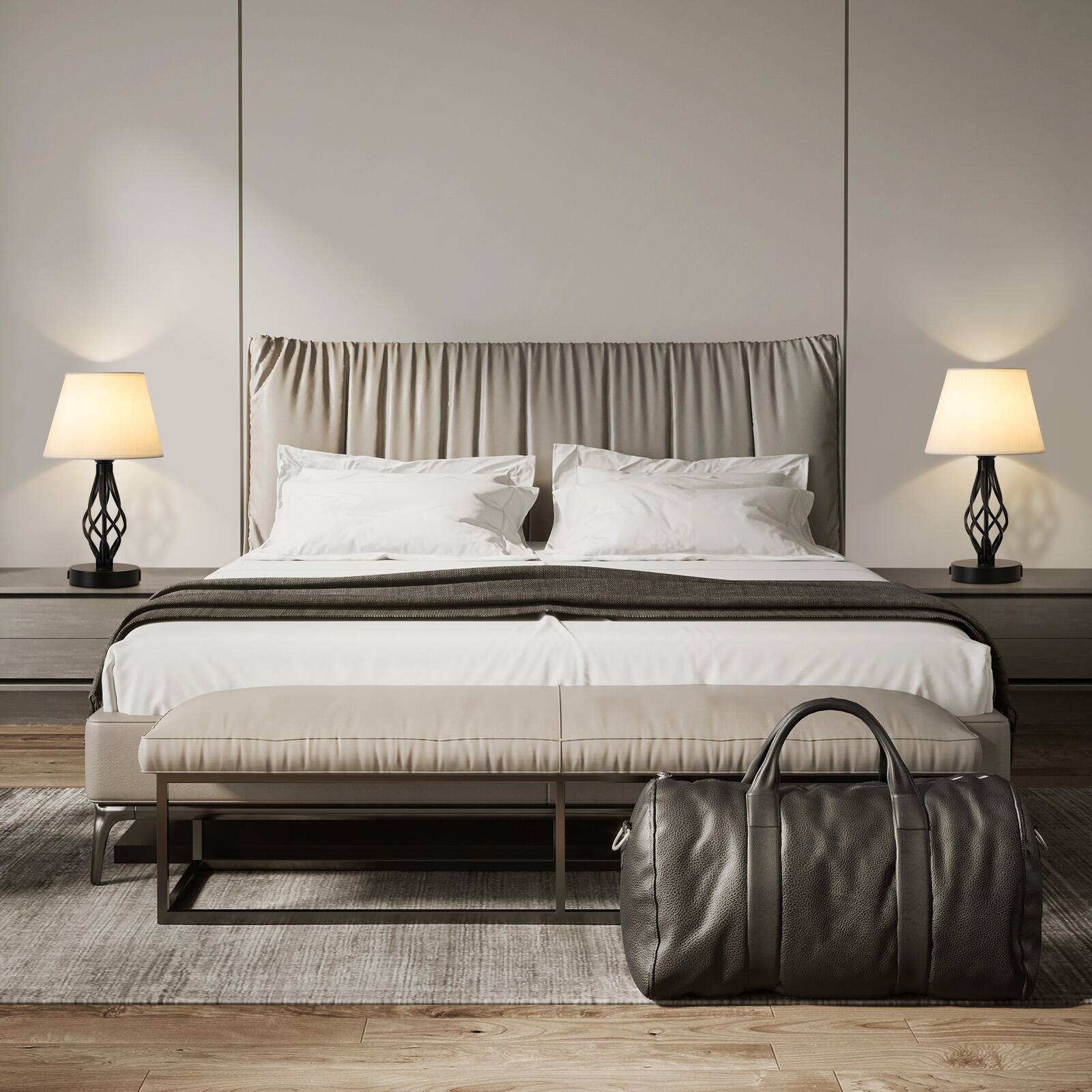 Alt View 2. Oumilen - 2-Piece Table Lamp Set, Black Metal with White Linen Shades.