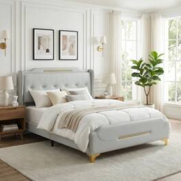 LUCKY ONE - Queen Size PU Leather Platform Bed with Wingback Headboard - No Box Spring Needed - Gray