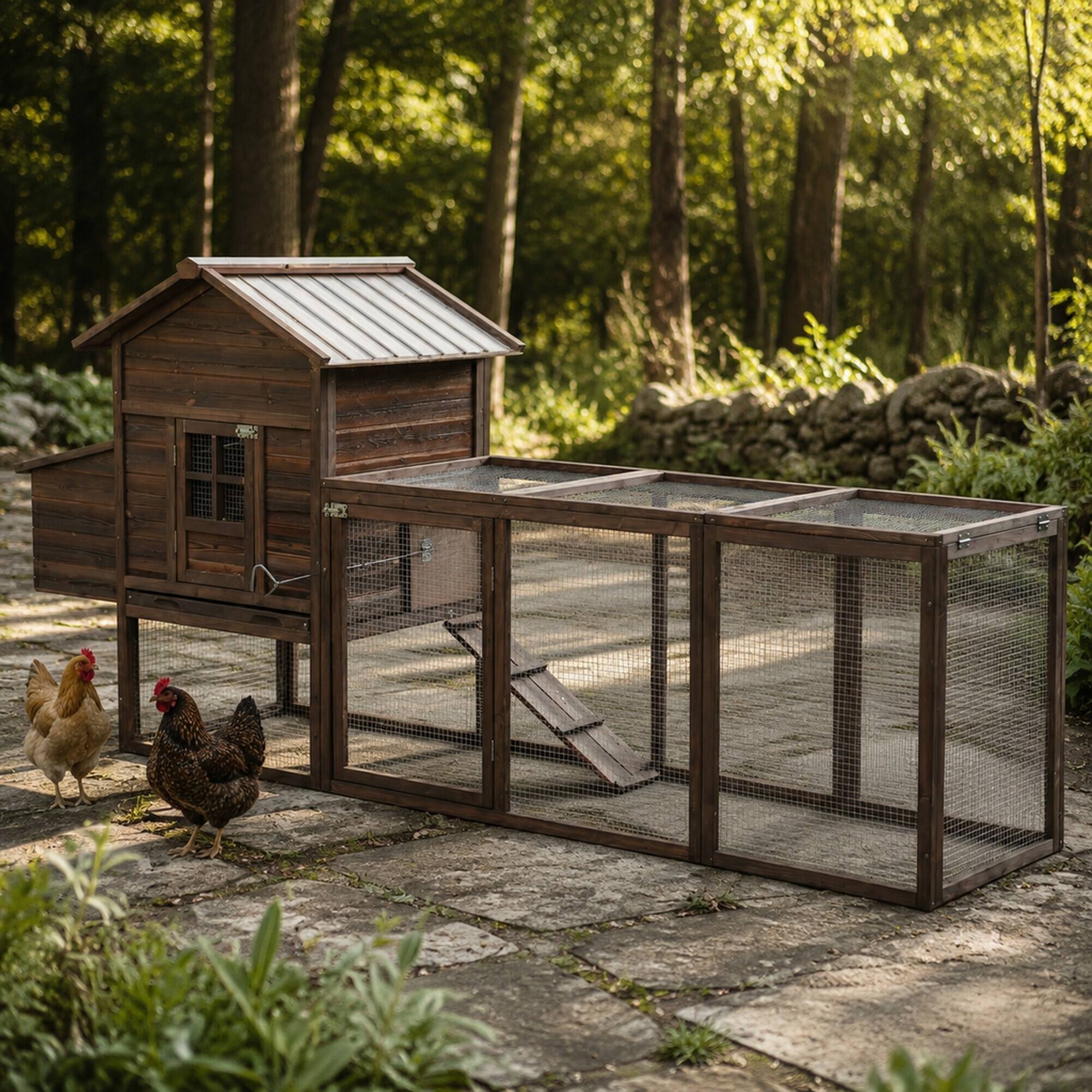 Angle. RYHNUYNE - Wooden Chicken Coop, Fir,, - Run, Brown.
