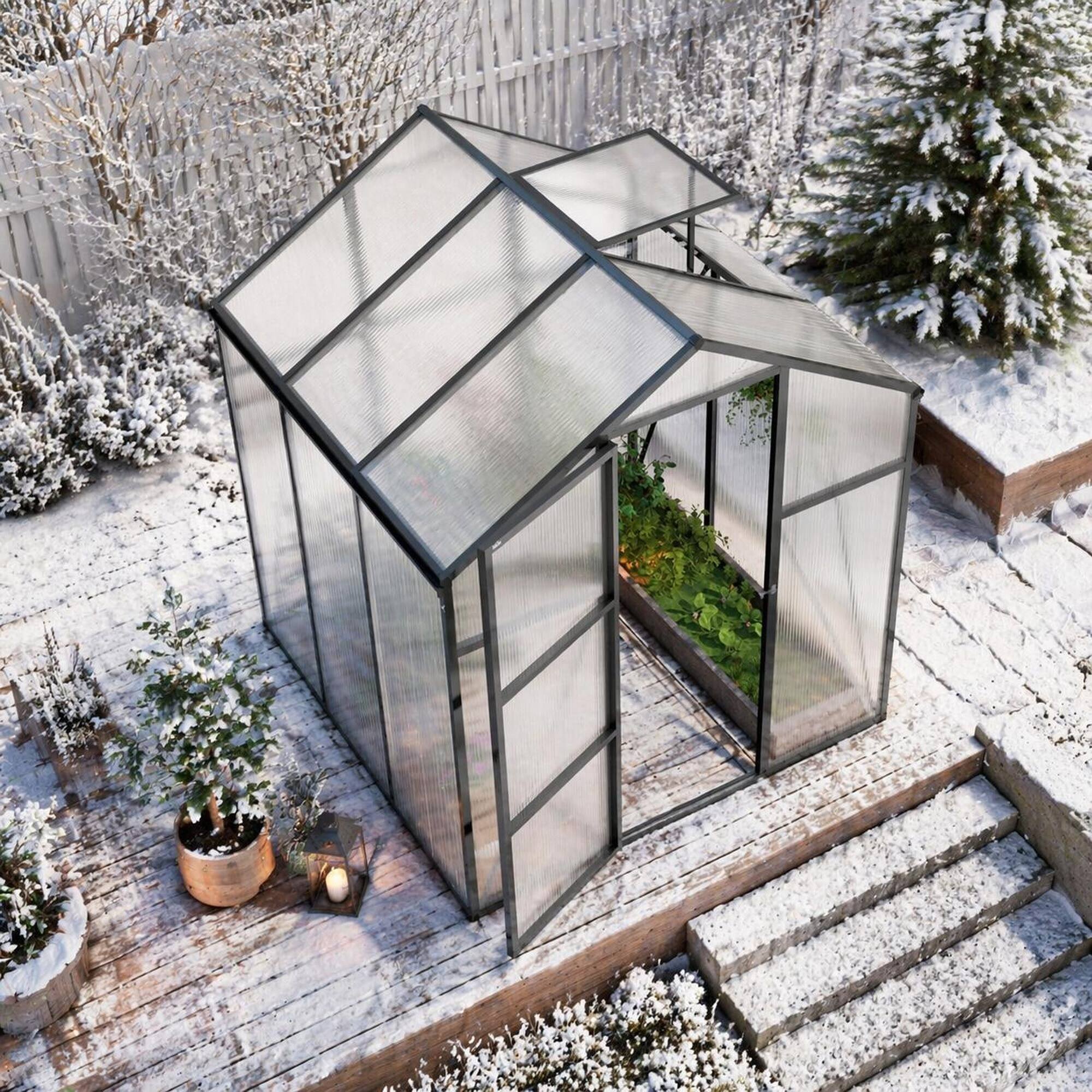 Back. RYHNUYNE - 6x6 ft Walk-in Polycarbonate Greenhouse, Aluminum Frame, Raised Base, Anchor Kit, Drainage Gutter.