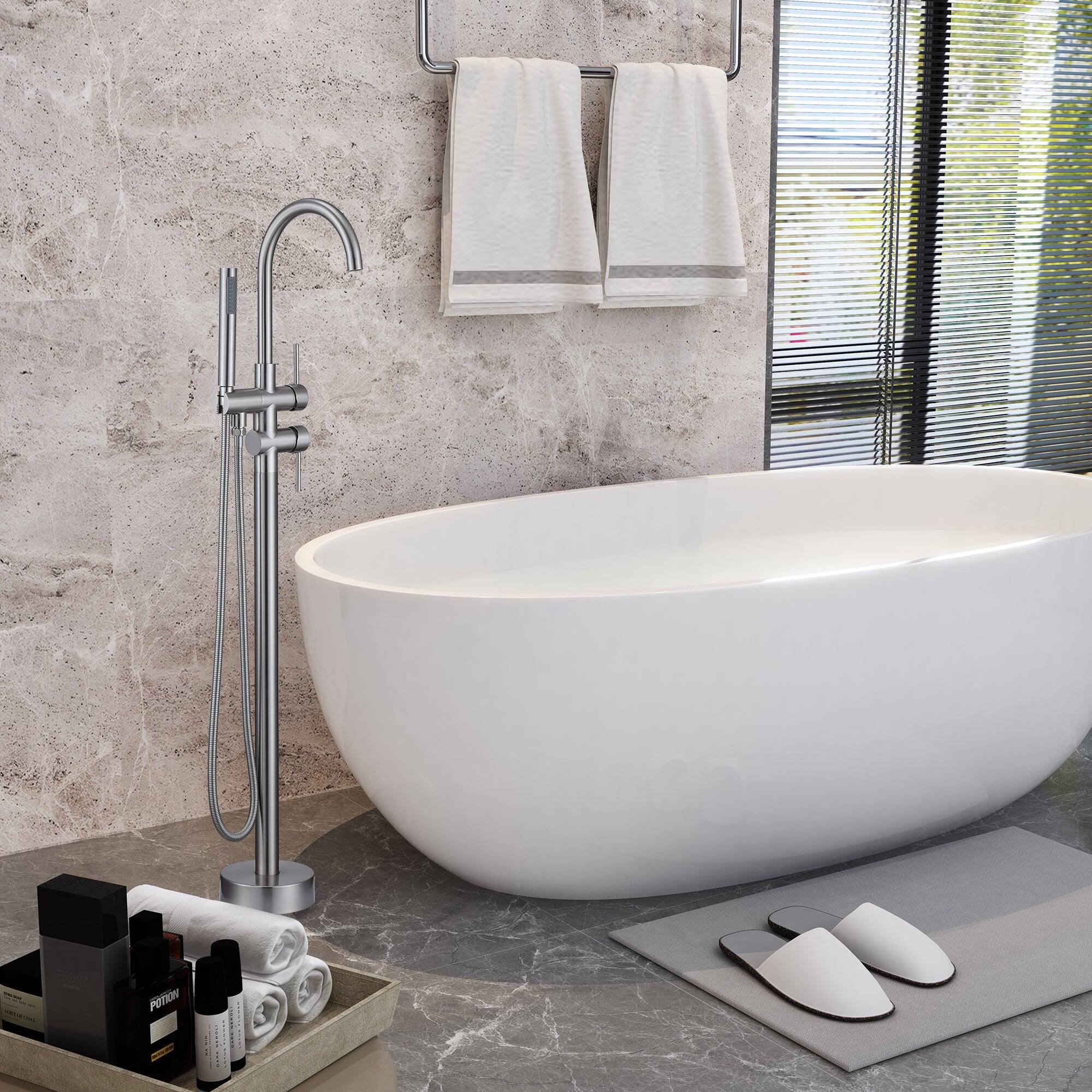 Alt View 3. Boyel Living - 2-Handle Floor Mount Freestanding Tub Faucet with Hand Shower and Water Supply Hoses in Brushed Nickel - Brushed Nickel.