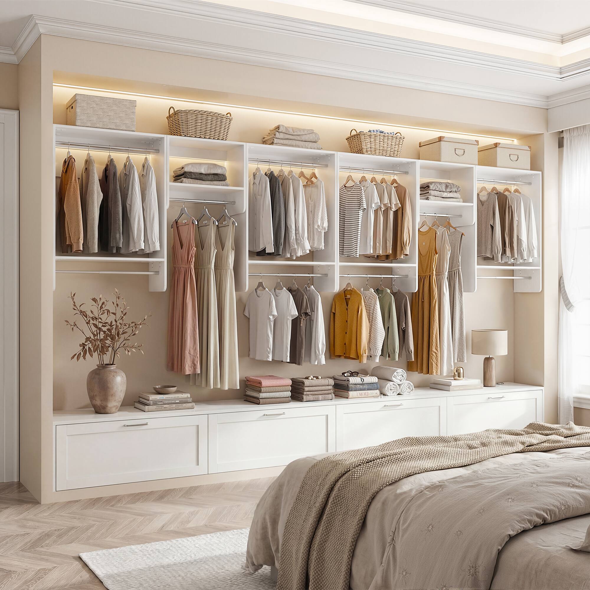 Left. Aheaplus - 36'' - 96'' Wall Mounted Closet System with 5 Hanging Rods and 4 Shelves, Max Load 12000 LBS - White.