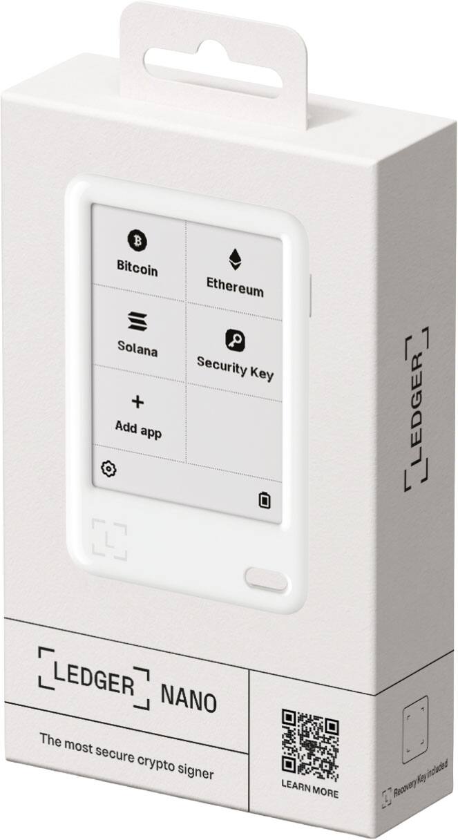 Bitcoin  
Ethereum  
Solana  
Security Key  
Add app  

LEDGER NANO  
The most secure crypto signer  
Recovery Key included  
LEARN MORE