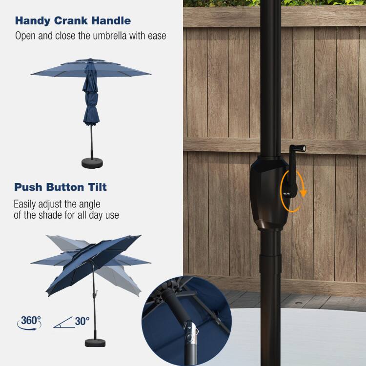 Handy Crank Handle  
Open and close the umbrella with ease  

Push Button Tilt  
Easily adjust the angle of the shade for all day use  

360°  
30°