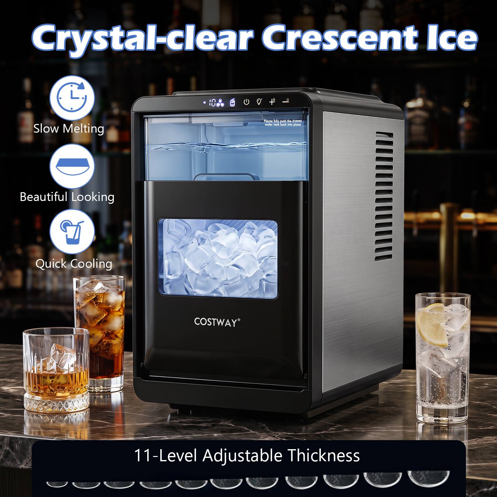 Crystal-clear Crescent Ice In T0 Slow Melting Pe Md - M - - - Las - pa Beautiful Looking Quick Cooling COSTWAY 11-Level Adjustable Thickness