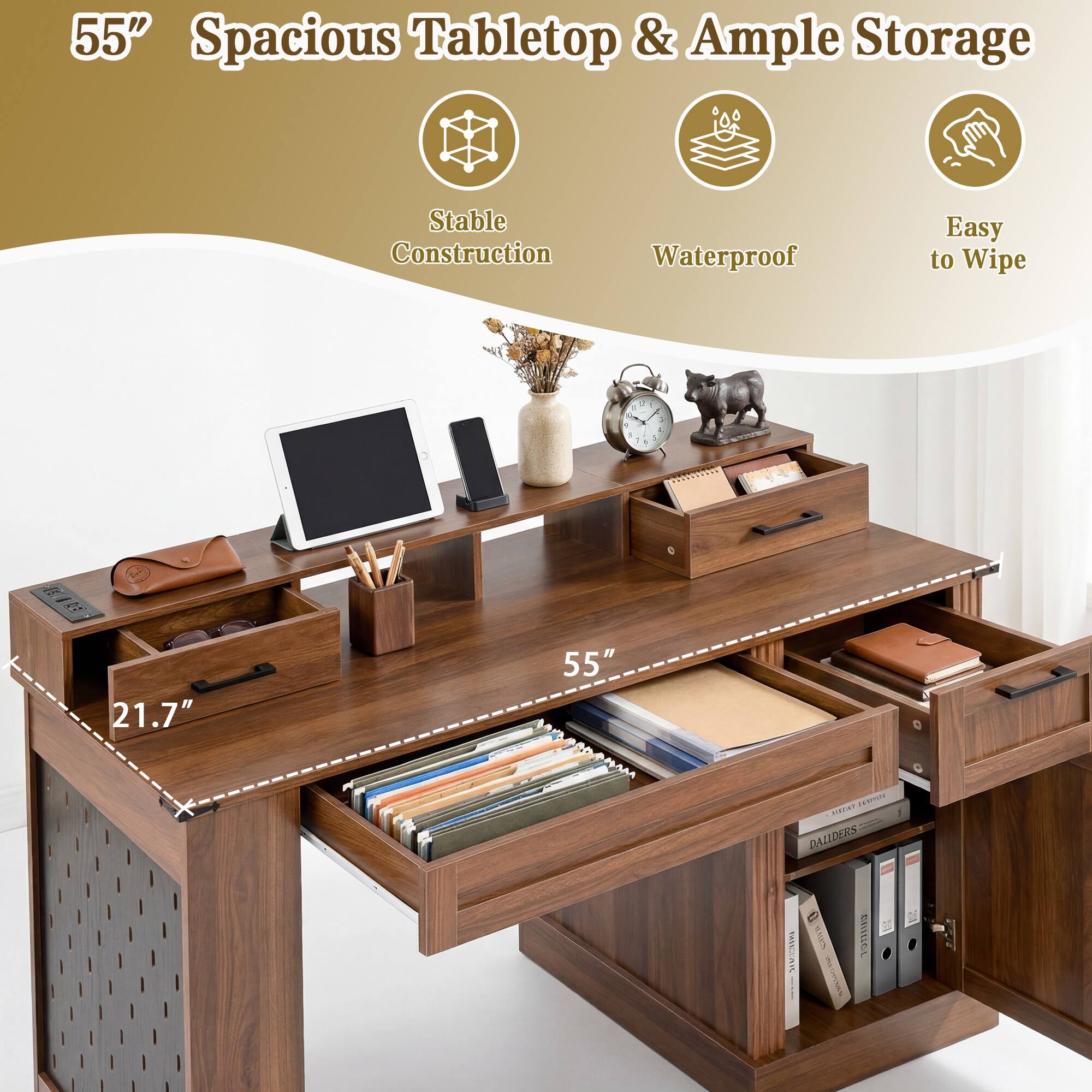 55" Spacious Tabletop & Ample Storage  
Stable Construction  
Waterproof  
Easy to Wipe  

21.7"  
55"