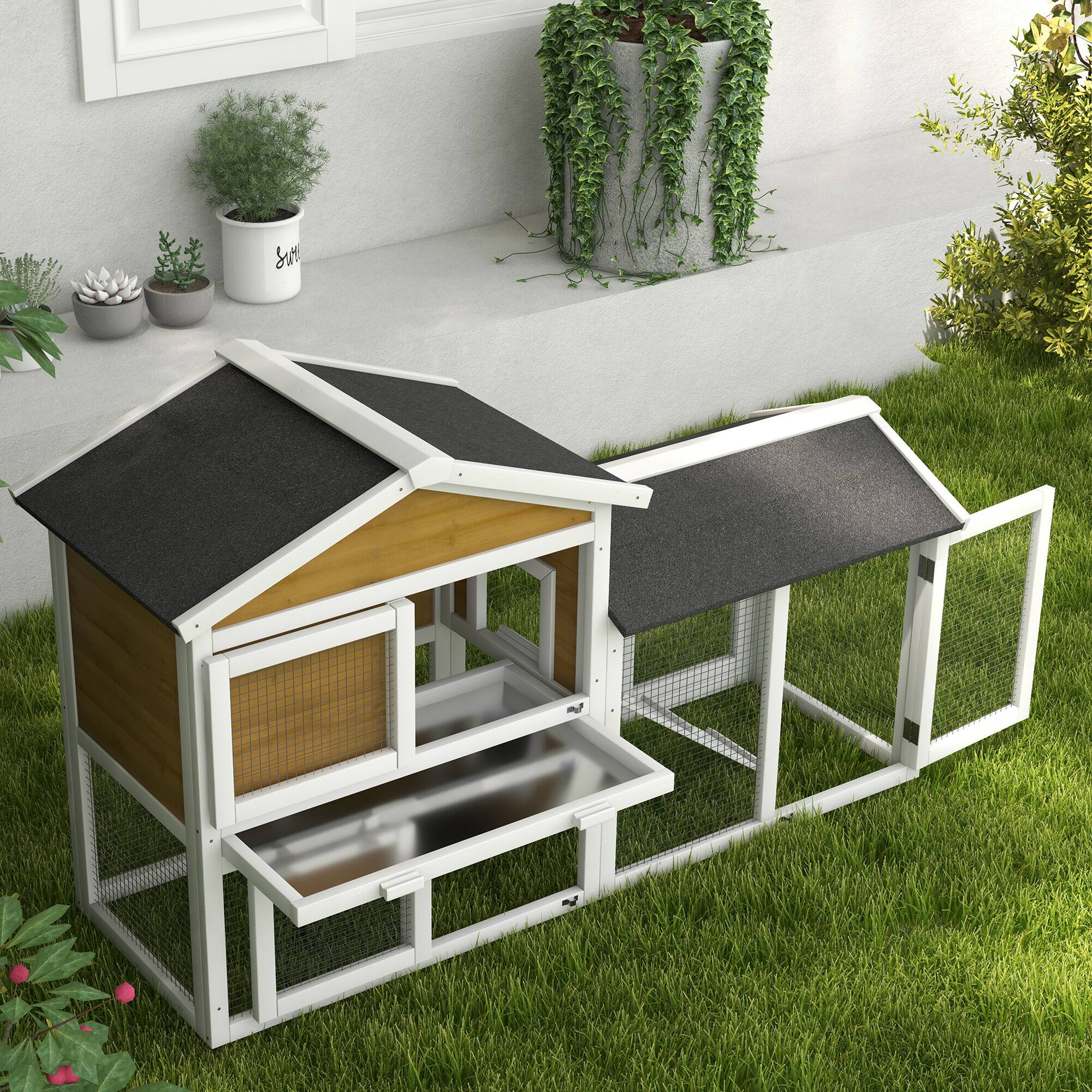 Alt View 4. Pawhut - 58" Wooden  Large Rabbit Hutch, Outdoor Indoor, Run, Removable Tray, Asphalt Roof, Lockable Doors, Ramp.