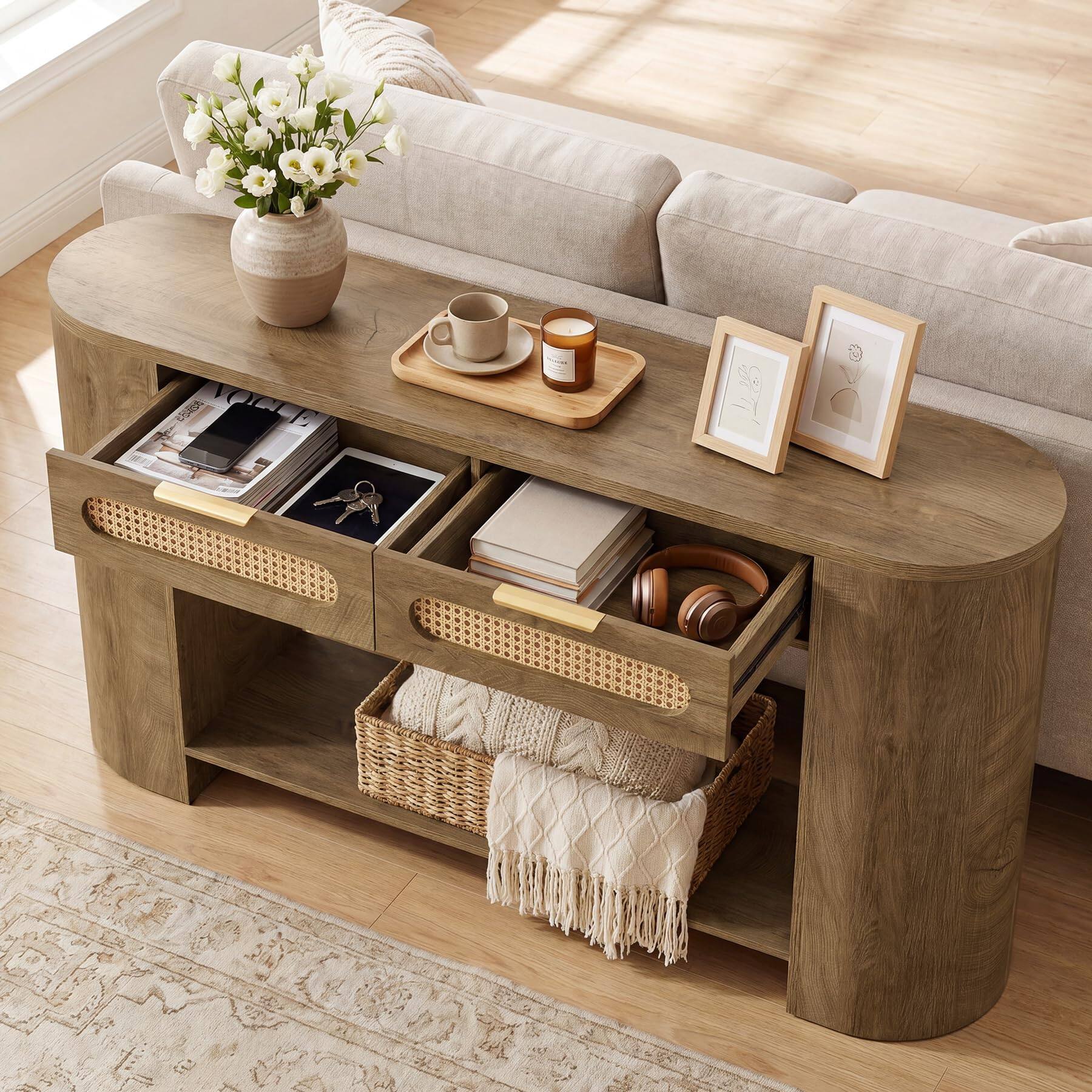 Alt View 5. Tribesigns - 55" Curved Console Table with 2 Rattan Drawers & Open Shelves - Brown.