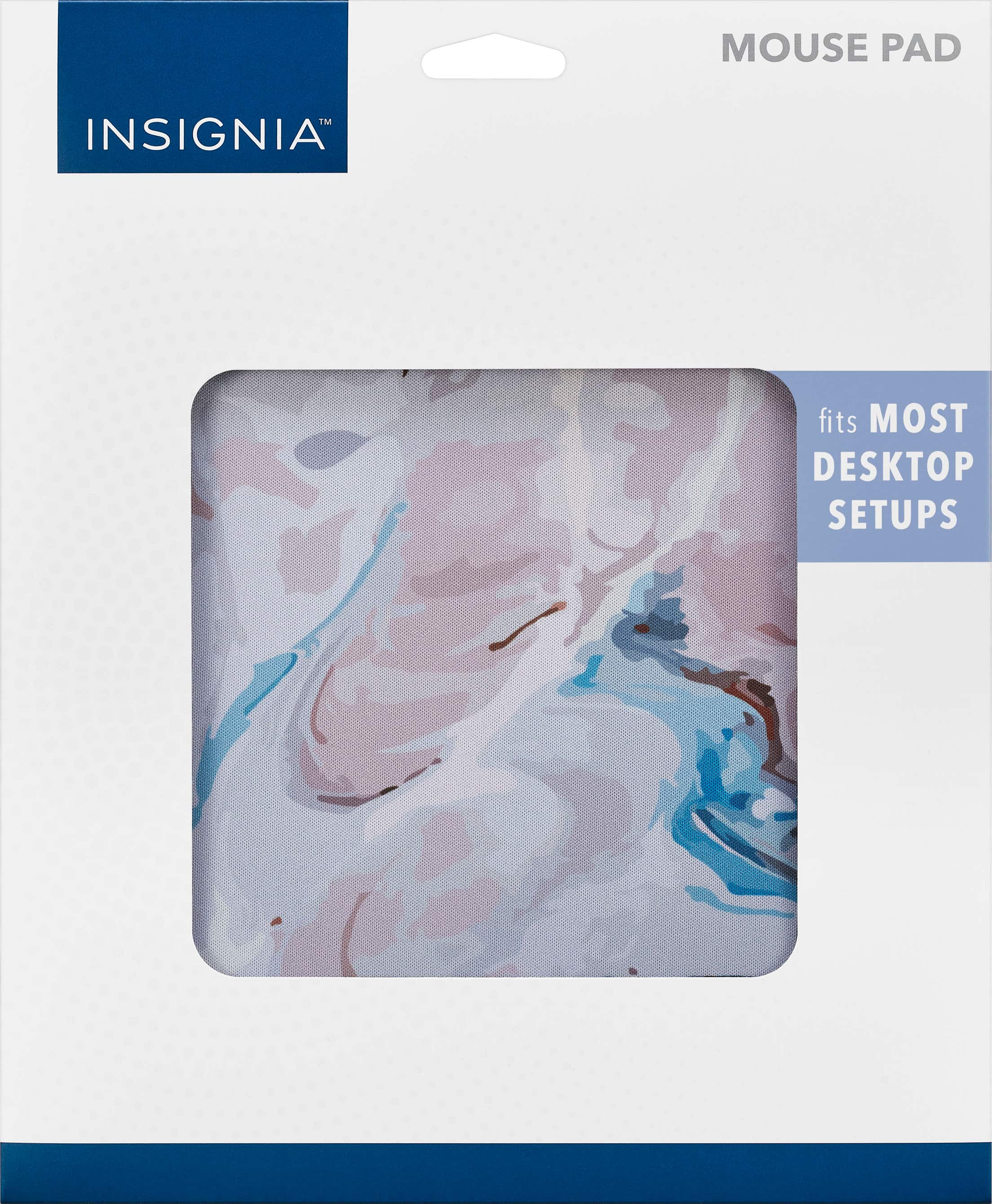 The text on the image reads "Mouse Pad Insignia fits most desktop setups."