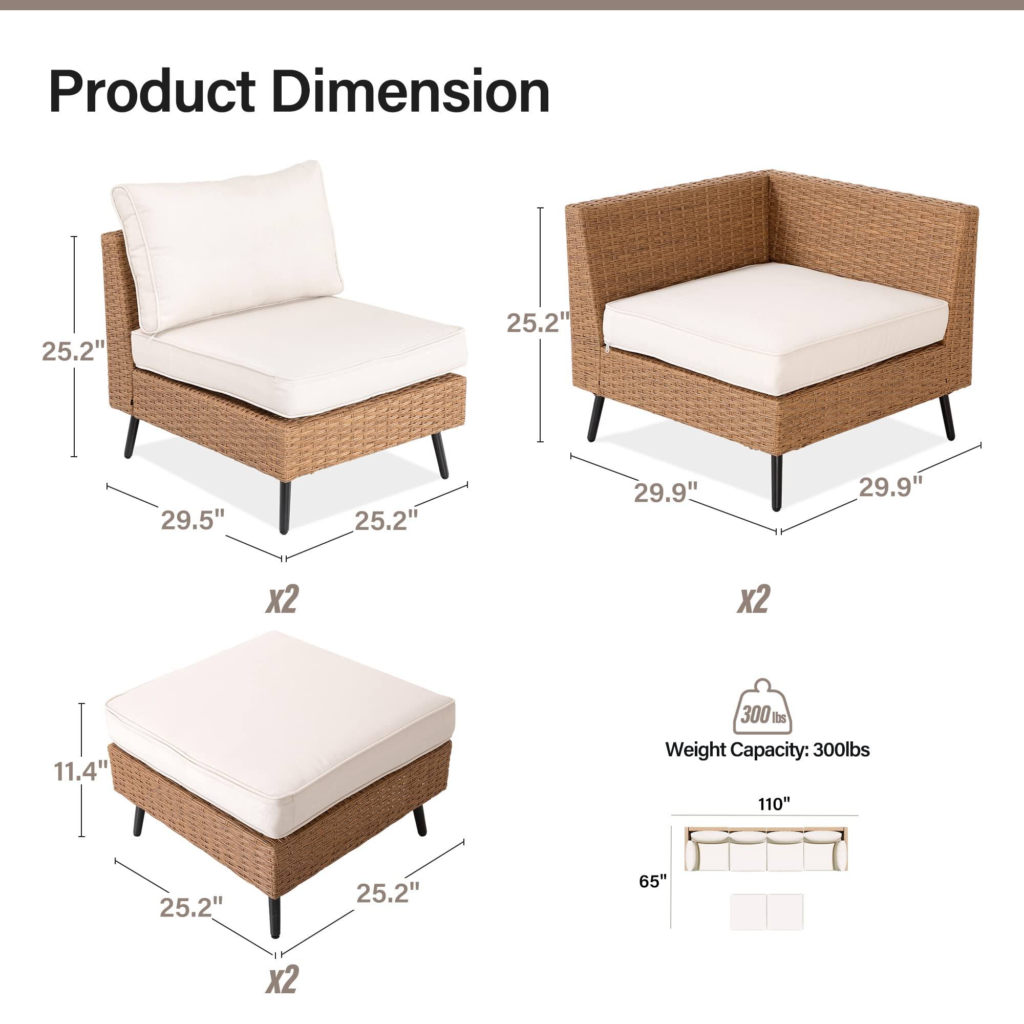 Product Dimension

- 25.2" x 25.2" x 29.5" (x2)
- 25.2" x 29.9" x 29.9" (x2)
- 11.4" x 25.2" x 25.2" (x2)

Weight Capacity: 300 lbs

- 110" x 65"