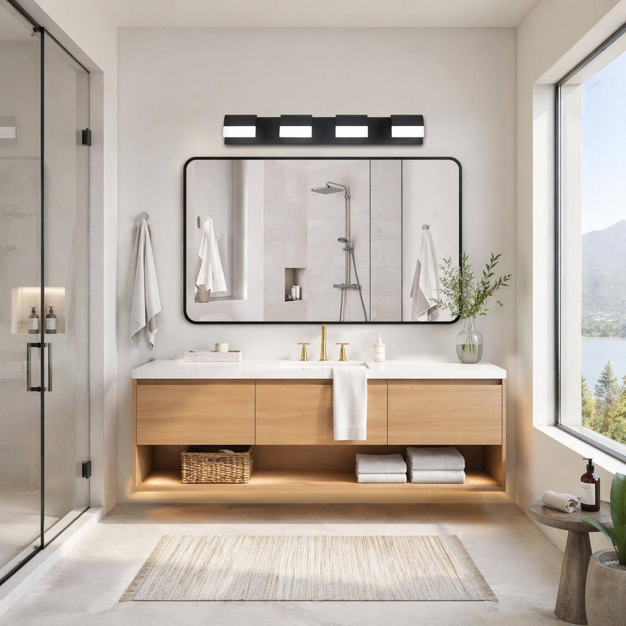 Angle. RYHNUYNE - 4‑Light Black LED Bathroom Vanity Light,Modern Wall Mount Vanity Mirror Light for Bathroom - Black.