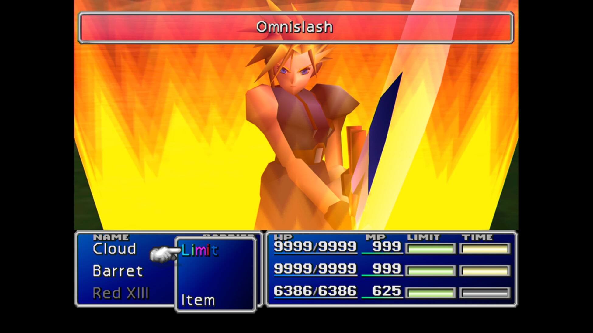 Omnislash

NAME
Cloud
Barret
Red XIII

HP
9999/9999
9999/9999
6386/6386

MP
999
999
625

LIMIT
TIME