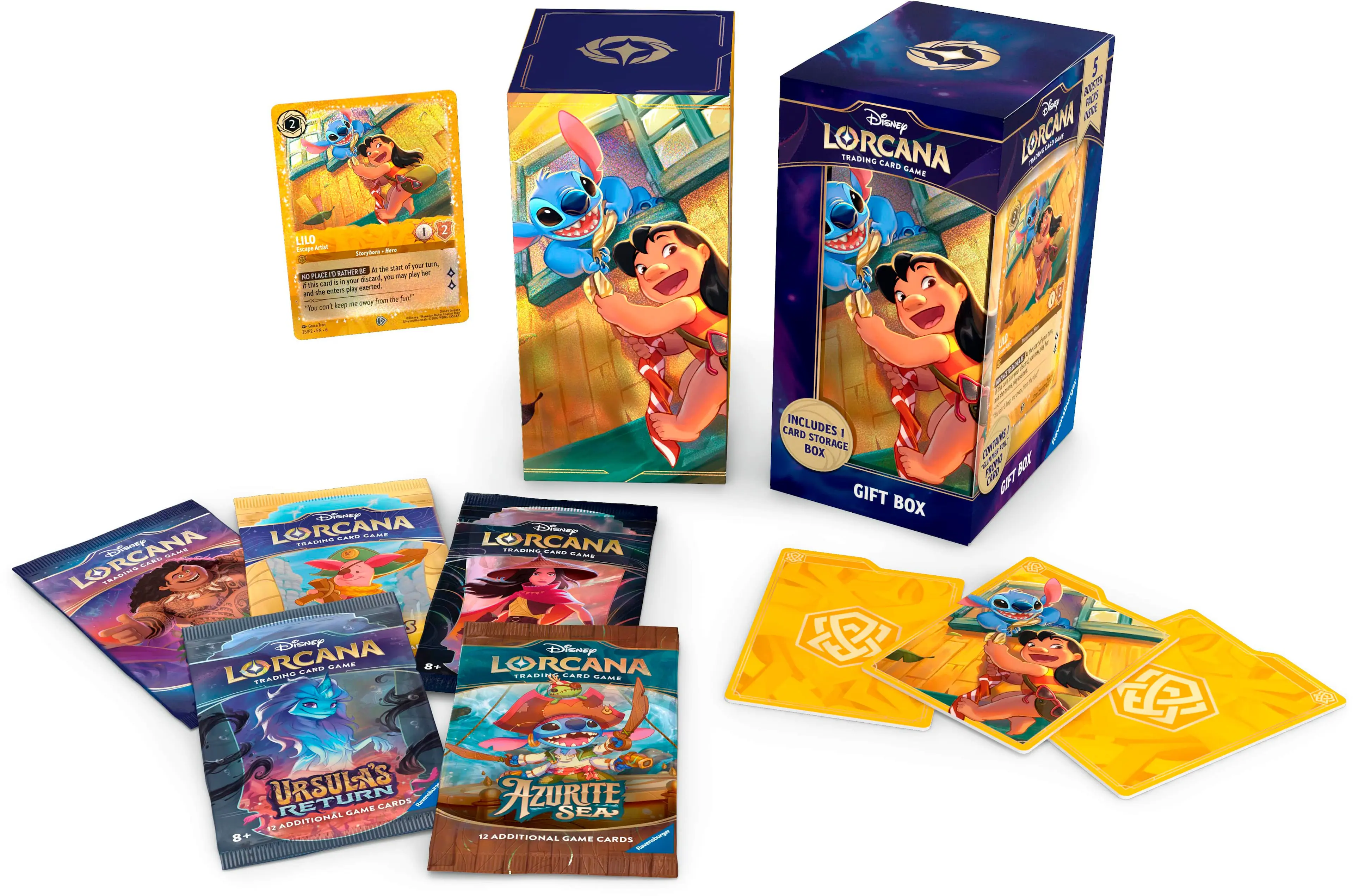 Lorcana Trading Card Game Set:
* 1 Lilo & Stitch Trading Card Game
* 1 Lilo & Stitch Trading Card Game: Ursula's Turn
* 12 Additional Came Cards
* 1 Box Storage Gift Box
The image showcases a variety of items related to the Lorcana Trading Card Game Set. The set includes a game, additional cards, and a storage box. The game is based on the popular Disney characters Lilo and Stitch, and the set is designed for players to enjoy and collect the cards. The storage box helps keep the cards organized and protected, making it a great addition to any gaming collection.