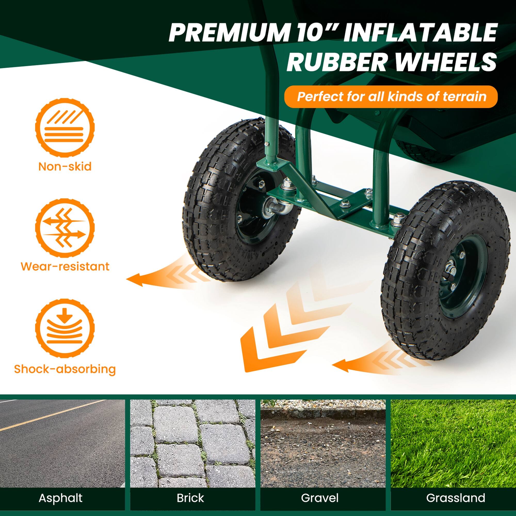 PREMIUM 10" INFLATABLE RUBBER WHEELS  
Perfect for all kinds of terrain  
Non-skid  
Wear-resistant  
Shock-absorbing  
Asphalt  
Brick  
Gravel  
Grassland