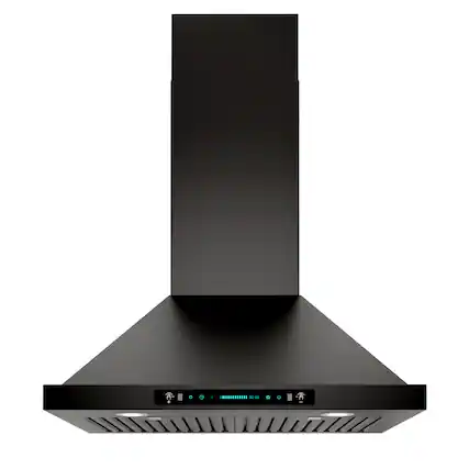 Front. Onefly - 30 inches - Convertible - Wall Mount Range Hood - Black stainless steel.