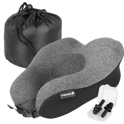Front. Fosmon - Foldable Memory Foam Travel Pillow, Travel Neck Pillow For Plane with Washable Cover and Ear Plugs - Dark Gray/Black - Gray.