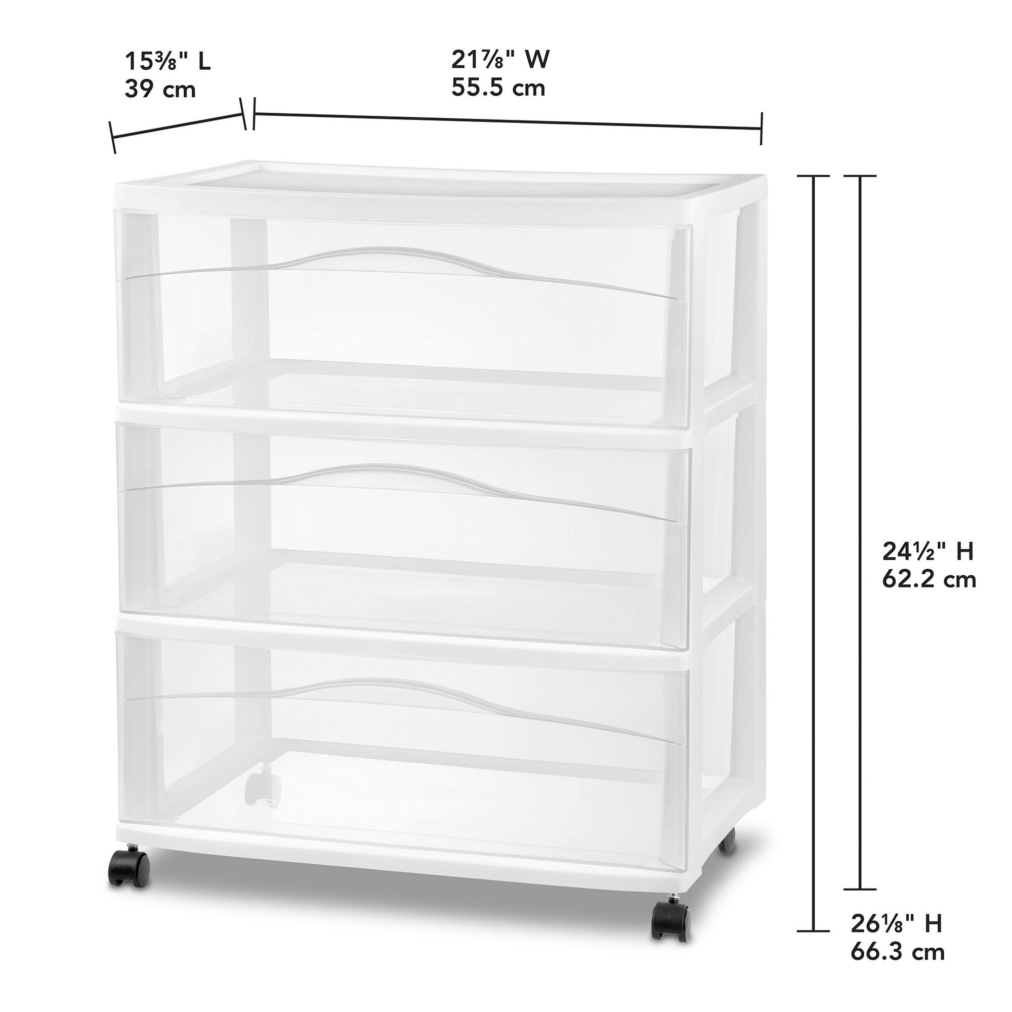 15 3/8" L 39 cm  
21 7/8" W 55.5 cm  
24 1/2" H 62.2 cm  
26 1/8" H 66.3 cm