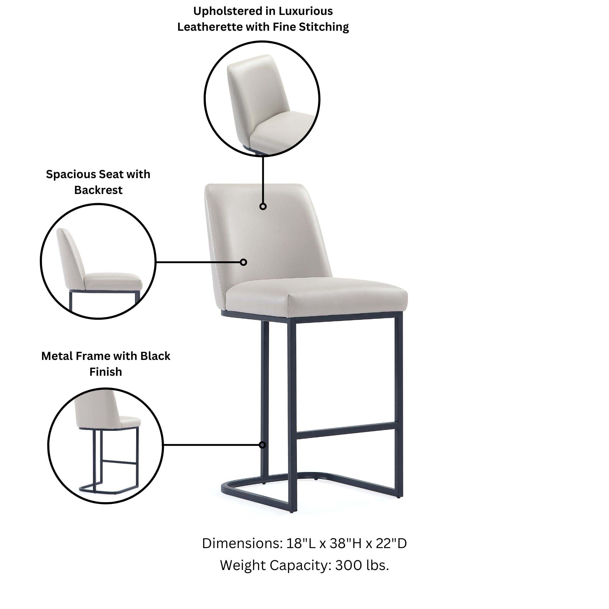 Upholstered in Luxurious Leatherette with Fine Stitching  
Spacious Seat with Backrest  
Metal Frame with Black Finish  
Dimensions: 18"L x 38"H x 22"D  
Weight Capacity: 300 lbs.