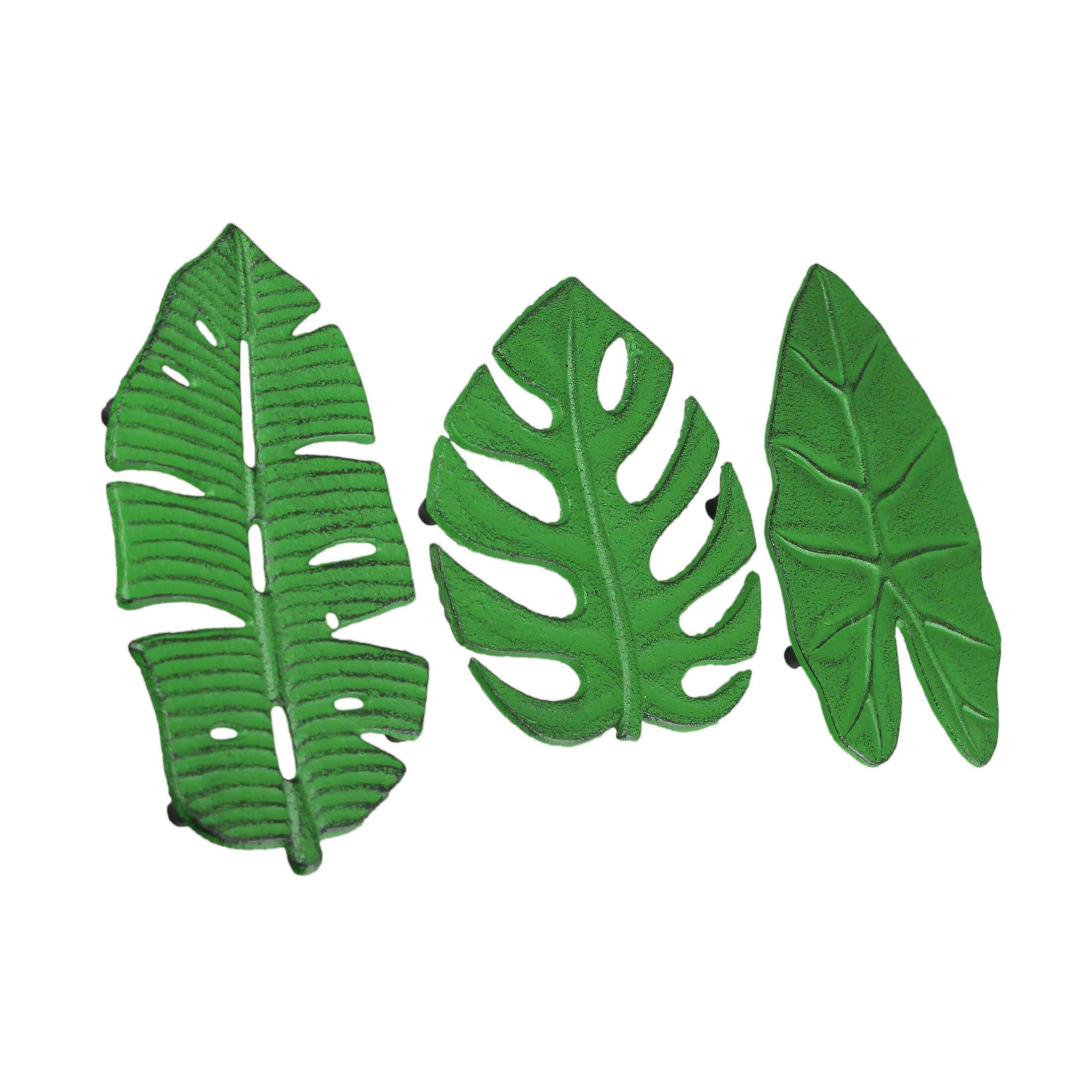 Alt View 1. Zeckos - Set of 3 Aged Green Cast Iron Tropical Leaf Kitchen Trivets / Wall Hangings - Green.