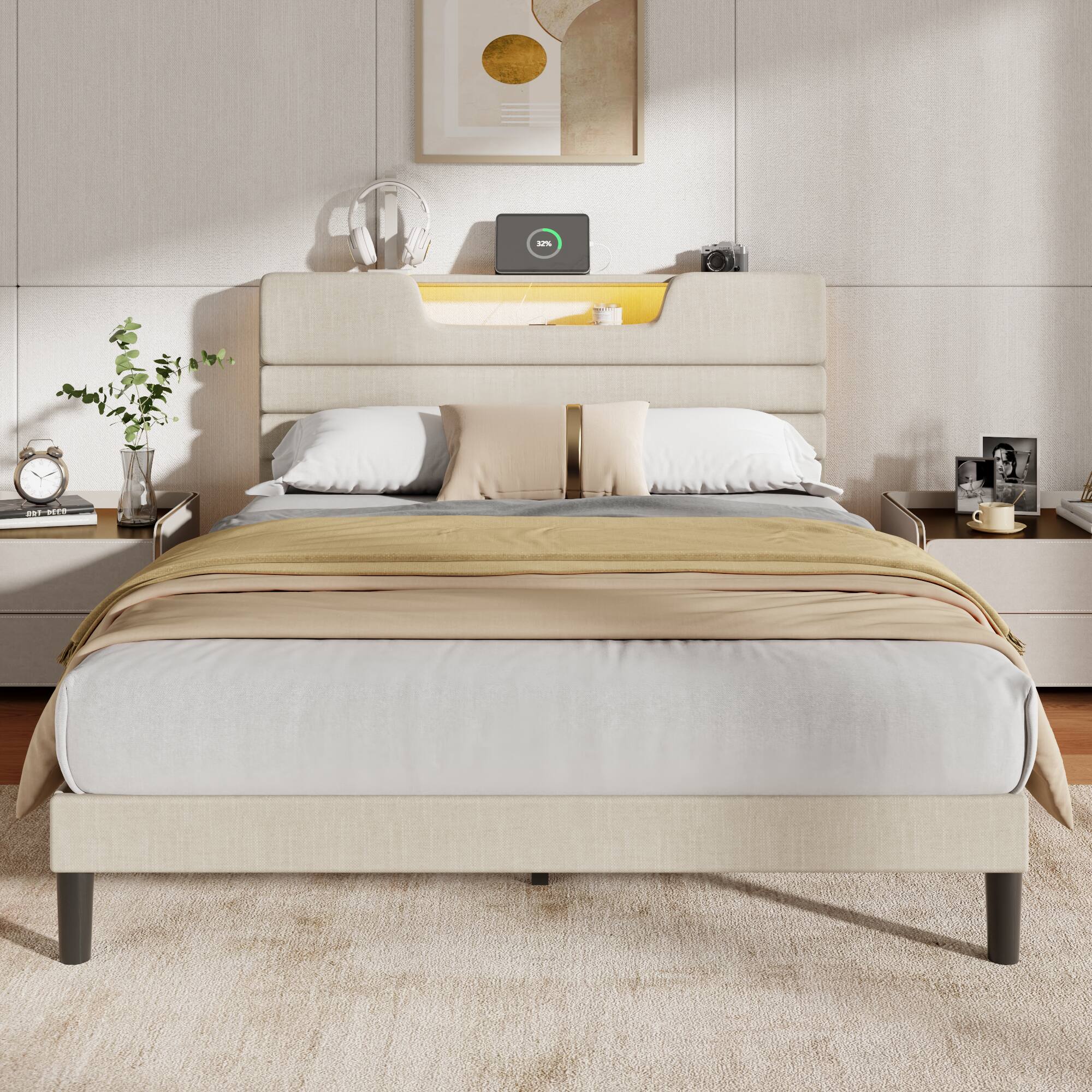 Left. Furnulem - Upholstered Bed Frame Modern Platform Bed with Charging Station & LED Light - Beige.