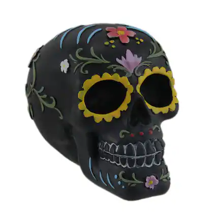 Front. Zeckos - Hand Painted Black Day of the Dead Sugar Skull Statue - Black.