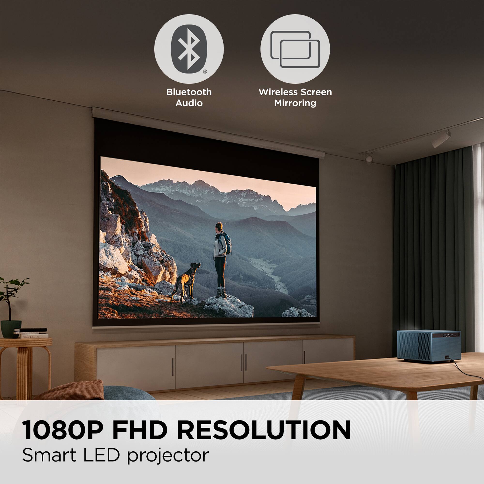 Bluetooth Audio, Wireless Screen Mirroring, 1080P FHD Resolution, Smart LED Projector
