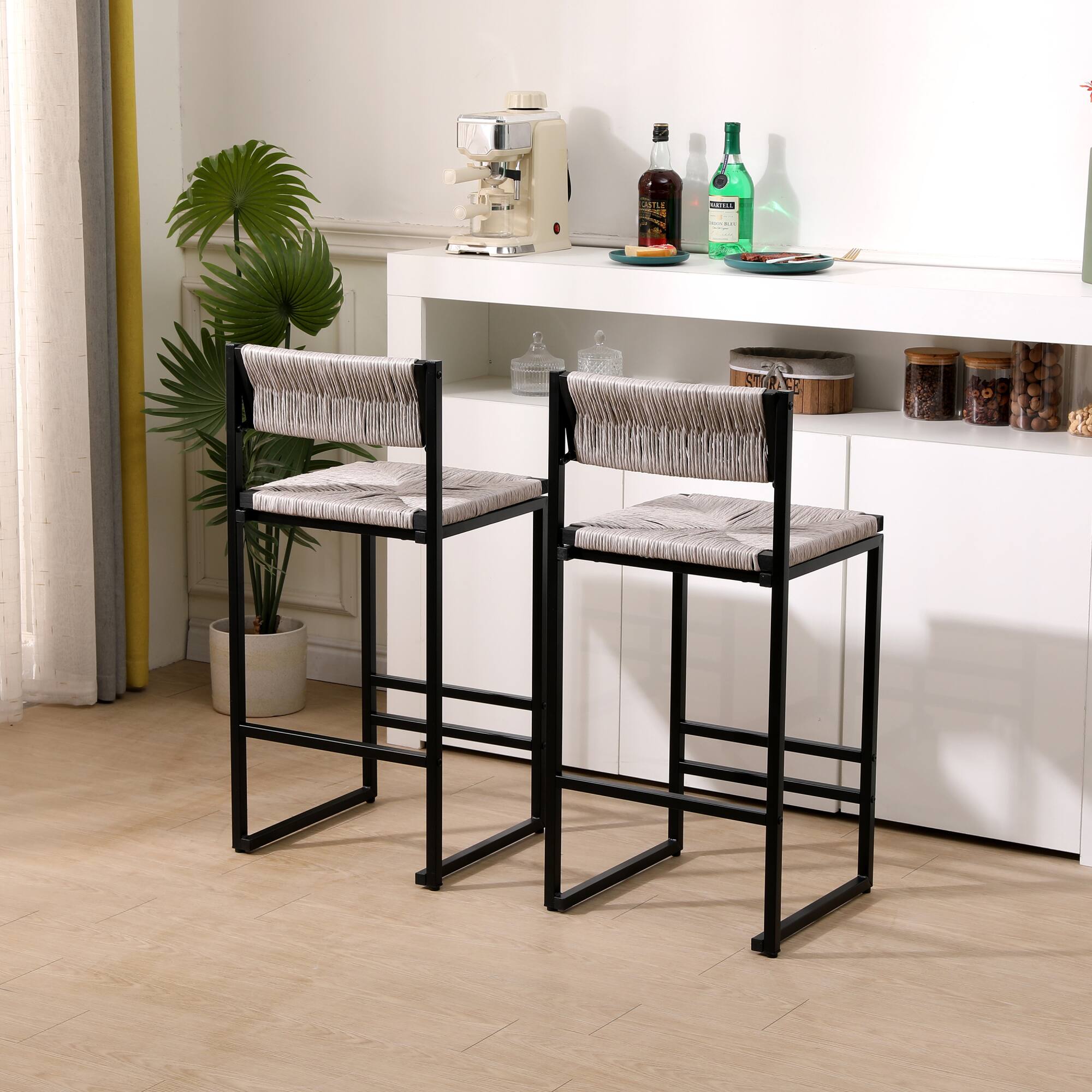 Alt View 2. HTUTWOO - Bar Stools Set of 2, Paper Rope Woven Counter Height Chairs with Seagrass Seat and footrest for Kitchen, Home Pub - Gray.
