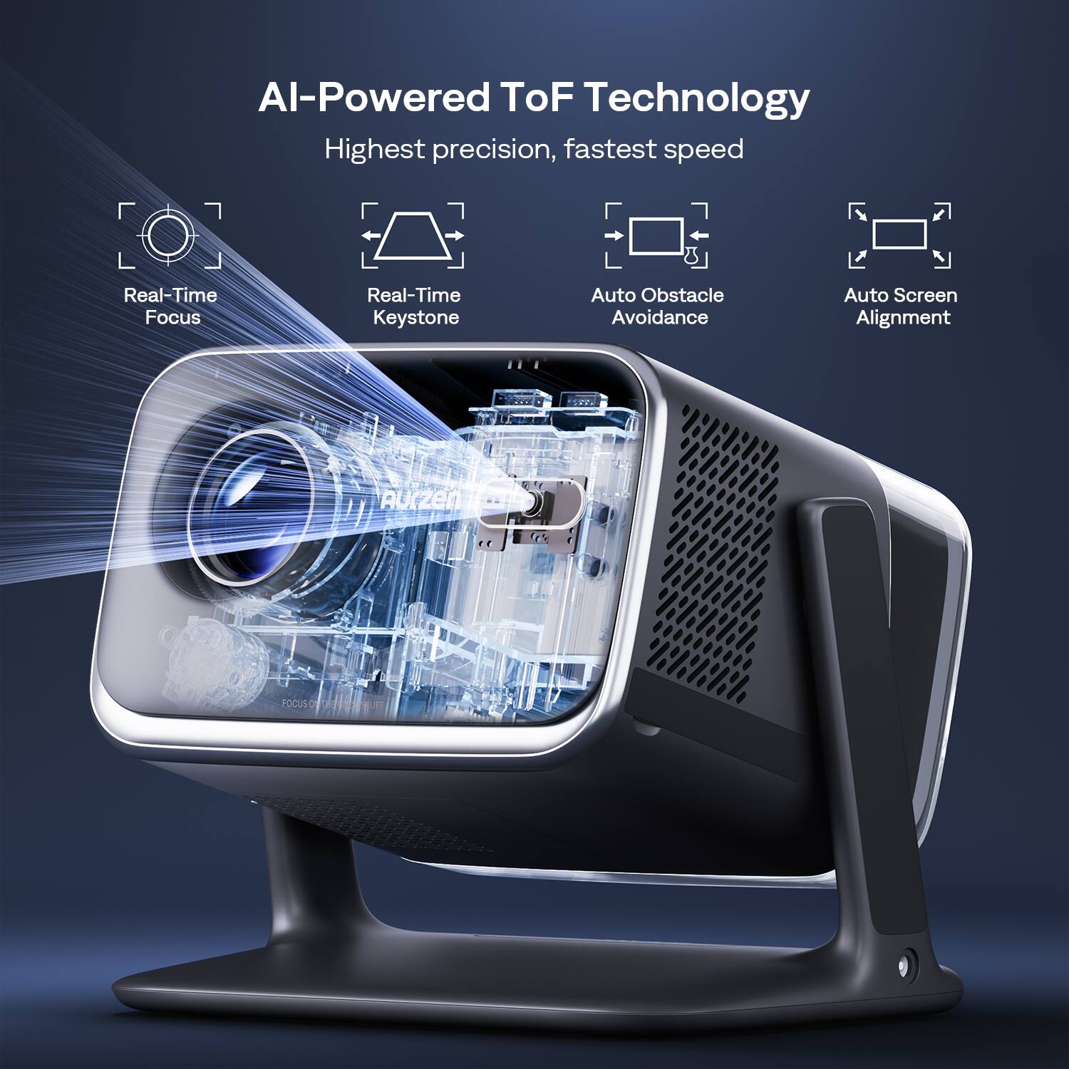 AI-Powered ToF Technology  
Highest precision, fastest speed  

- Real-Time Focus  
- Real-Time Keystone  
- Auto Obstacle Avoidance  
- Auto Screen Alignment  

ITE Aurzen FOCUS O Ocuson gm TUF