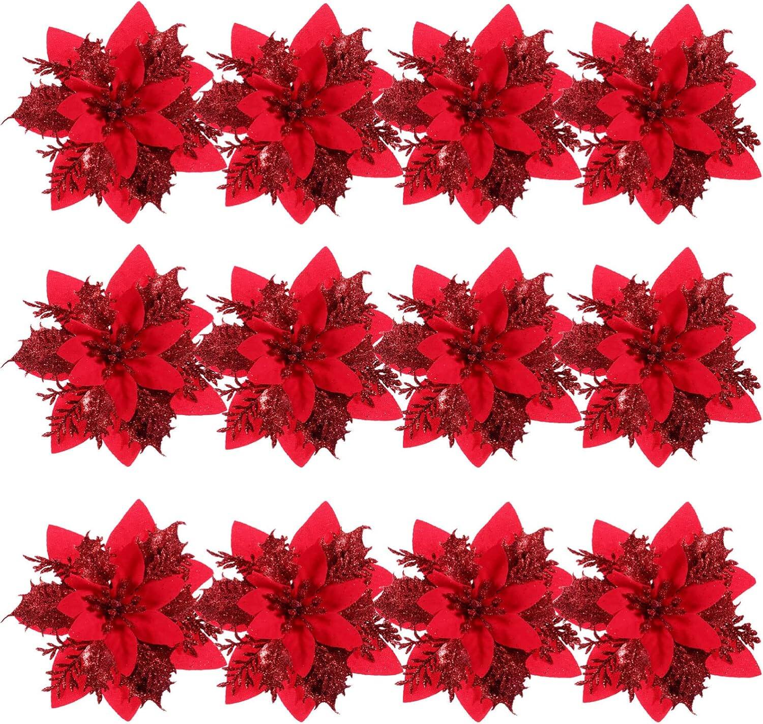 Front. Auledio - 12PC Red Glitter Poinsettia Flowers Christmas Tree Ornaments Christmas Flowers Artificial Christmas Flowers Decor Wreath - Red.