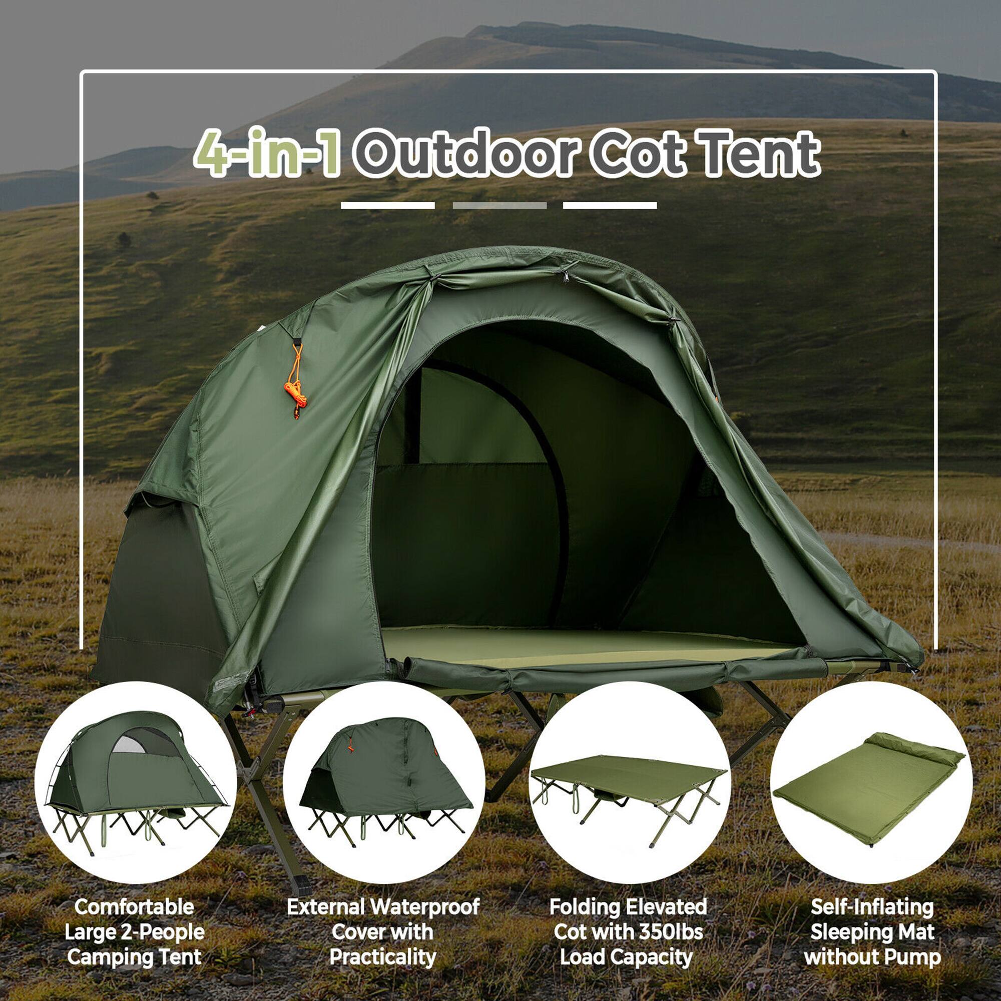 4-in-1 Outdoor Cot Tent

Comfortable Large 2-People Camping Tent

External Waterproof Cover with Practicality

Folding Elevated Cot with 350lbs Load Capacity

Self-Inflating Sleeping Mat without Pump