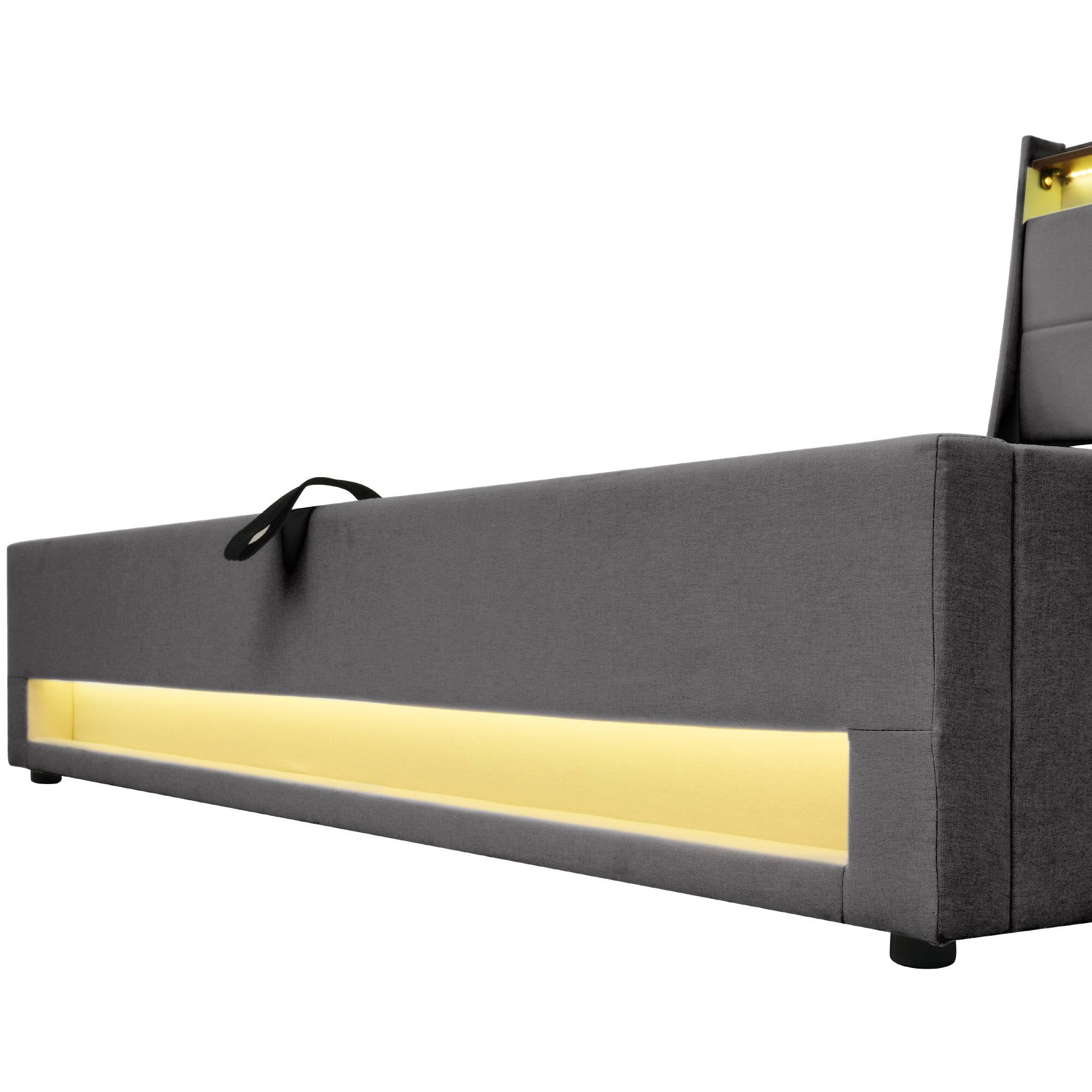 Alt View 4. LUCKY ONE - Full size Upholstered Platform Bed Frame with a Hydraulic Storage System, LED and USB Charging - Grey.