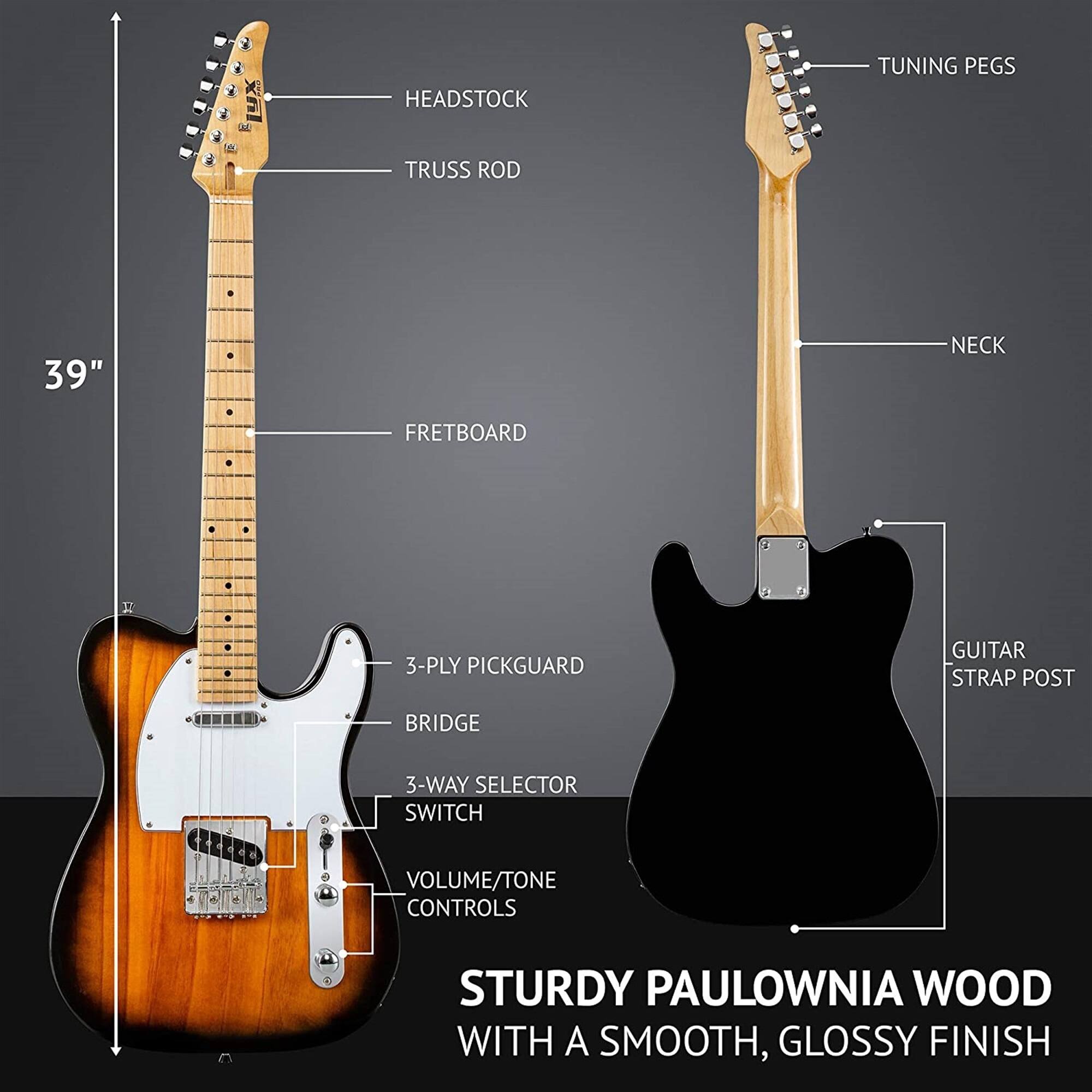 HEADSTOCK, TUNING PEGS, TRUSS ROD, 39", NECK, FRETBOARD, 3-PLY PICKGUARD, GUITAR STRAP POST, BRIDGE, 3-WAY SELECTOR, SWITCH, VOLUME/TONE CONTROLS, STURDY PAULOWNIA WOOD WITH A SMOOTH, GLOSSY FINISH