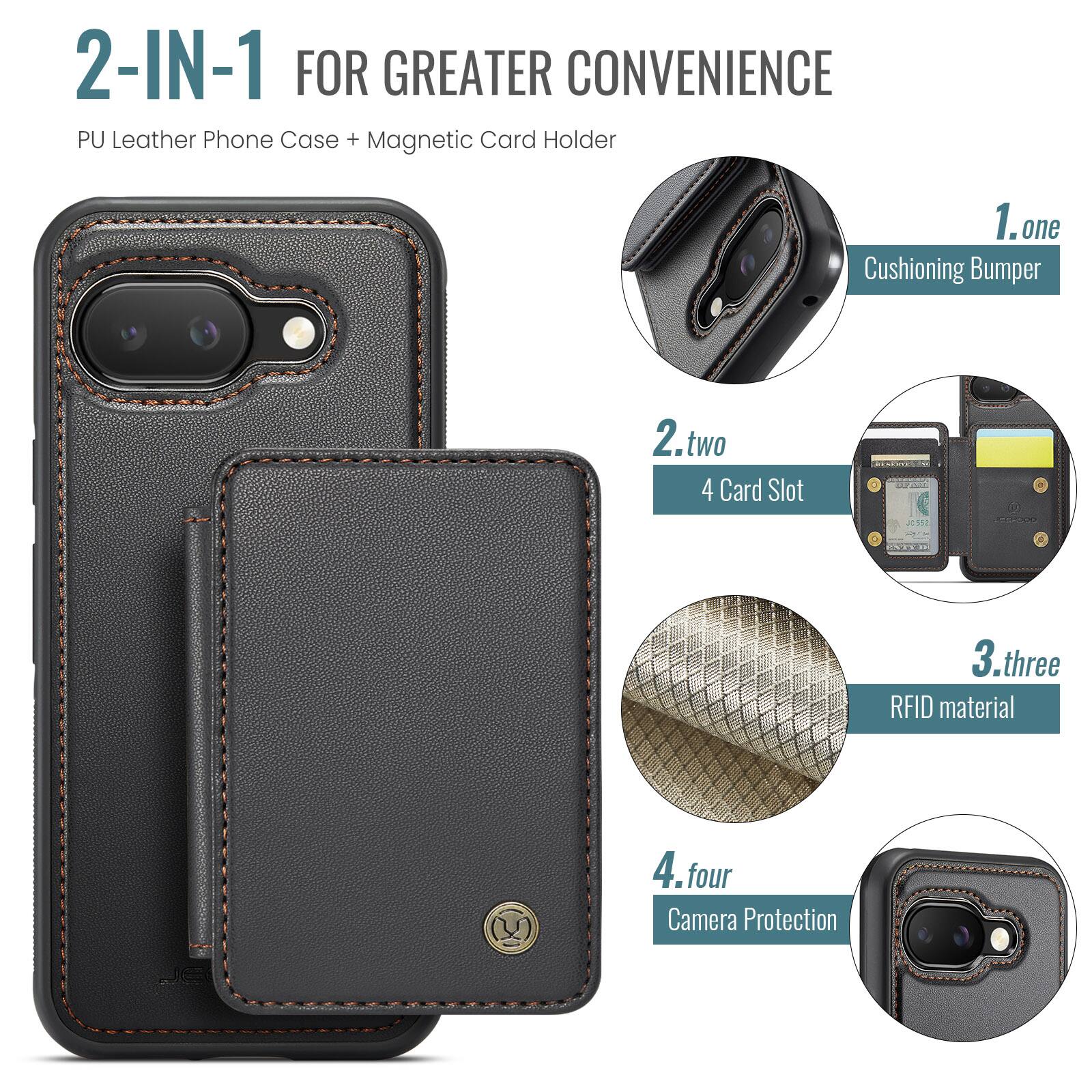 2-IN-1 FOR GREATER CONVENIENCE  
PU Leather Phone Case + Magnetic Card Holder  

1. one  
Cushioning Bumper  

2. two  
4 Card Slot  

3. three  
RFID material  

4. four  
Camera Protection