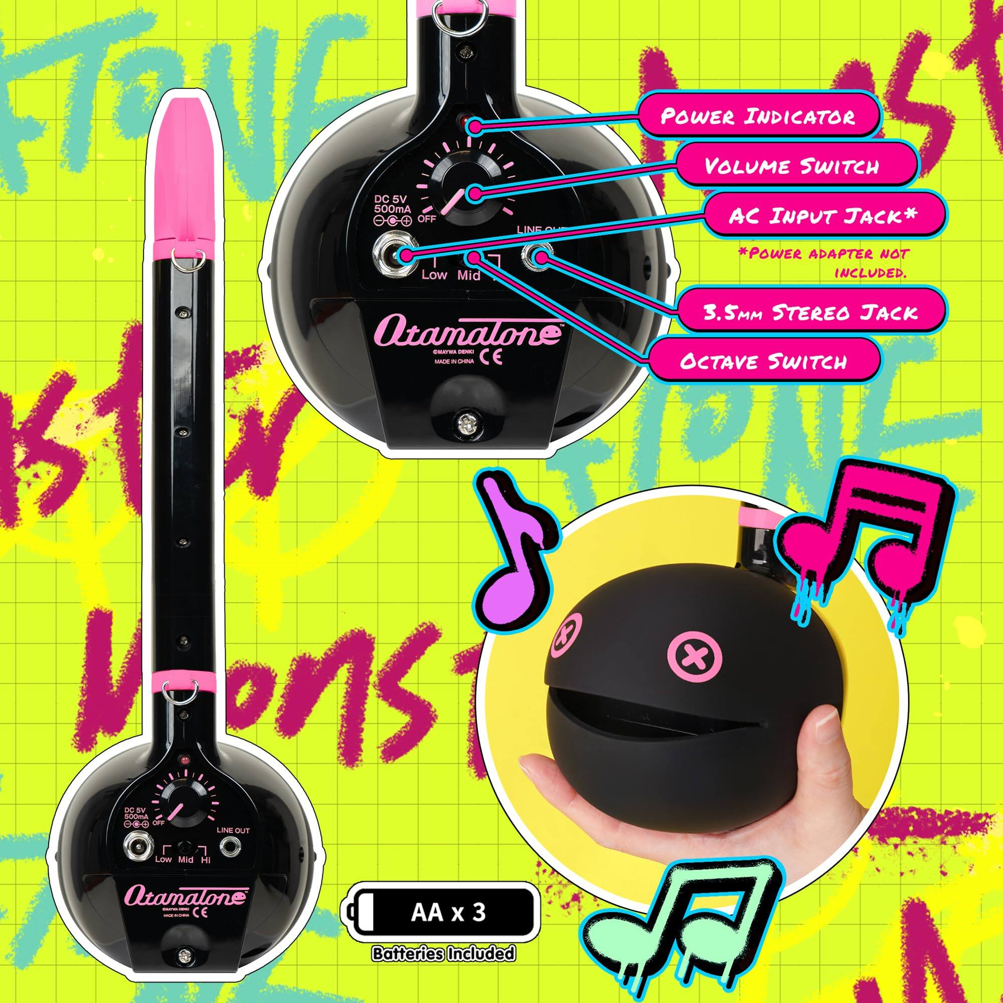 1 TONE DC SV SOOMA . = OFF LINE Low Mid Qtamalone - - no CE s1 W 1 3 M ons - 03 Cdta 0 u L OL  Lese Mid  Qtamalone CE AA x 3 Batteries Included POWER VOLUME AC INDICATOR INPUT SWITCH BS1 JACK* *POWER ADAPTER NOT INCLUDED. 3.5MM STEREO JACK OCTAVE SWITCH