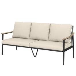 Outsunny - Seater Outdoor Patio Sofa, Outdoor Couch with Wood-Effect Armrests, Wicker Backrest - Khaki