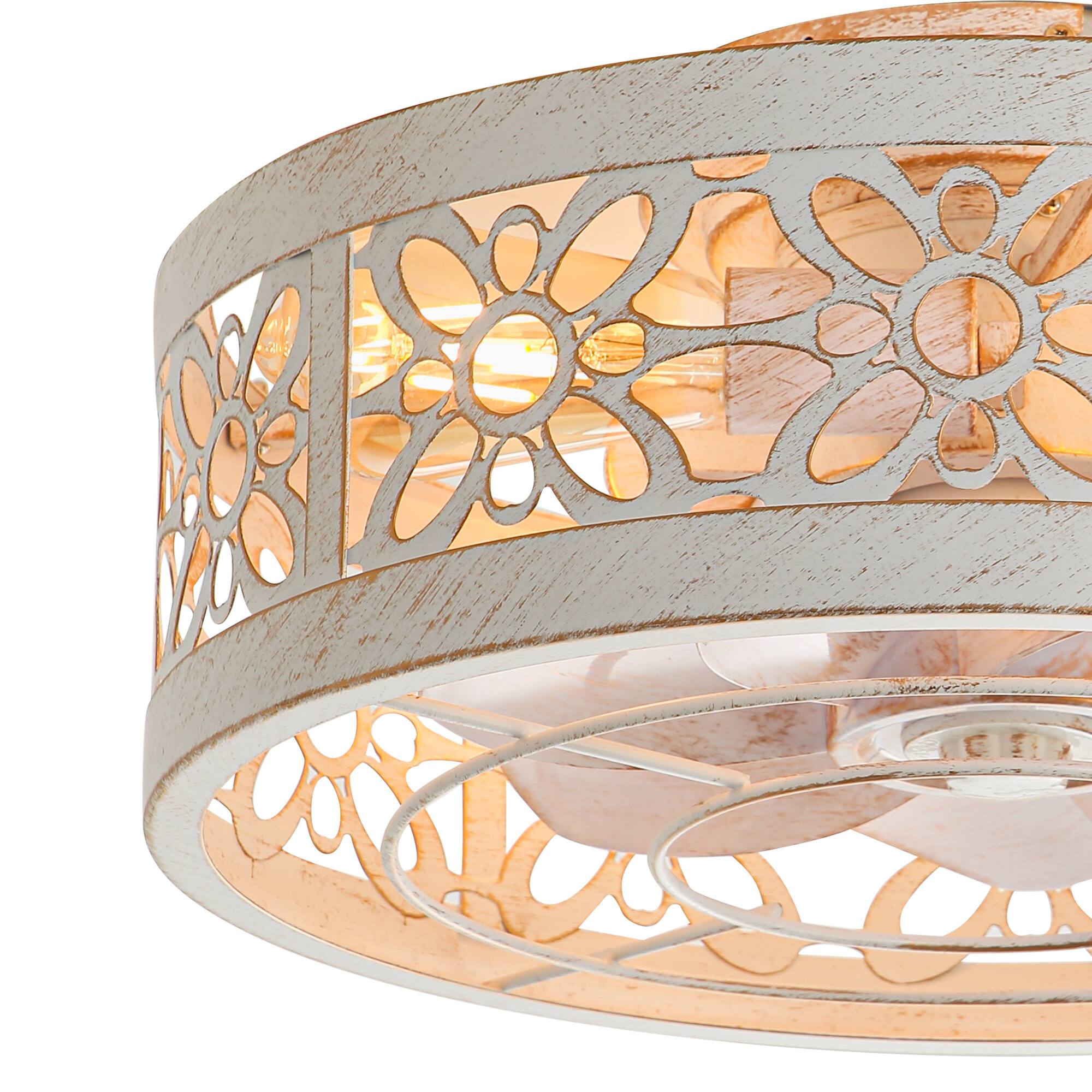 Left. Breezary - 16.5-In Indoor Flush Mount Cage Ceiling Fan with 7 ABS Blades, 6-Speed DC Motor, Remote Control with Timer - Distressed White and Gold.