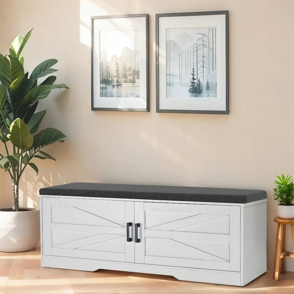 Alt View 4. Ropilly - Ropilly White Farmhouse Shoe Bench with Padded Seat Cushion and Barn Doors Storage Entryway Bench - White.