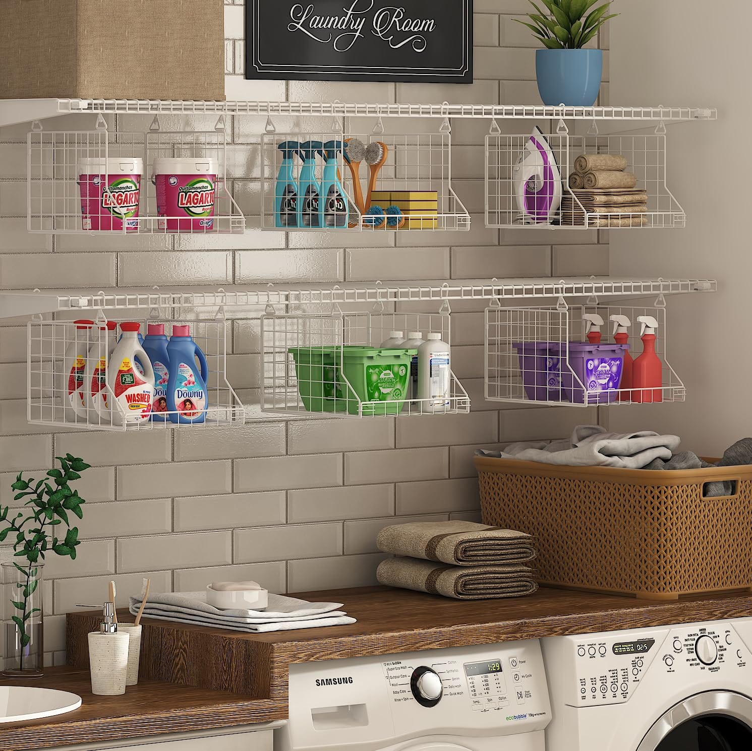 Dazzling Pops - 3-Tier Foldable Laundry Basket Organizer with Rotating Hooks - Space-Saving Over Washer and Dryer Shelf for - Default