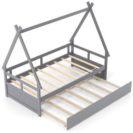 Pefilos - Twin Size House Bed Frames with Trundle and Safety Guardrail, Modern Platform Bed Frames for Teens - Gray