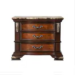 Manhattan Lane - Iliana Nightstand, 3 Drawers, Ornate Oak and Dark Cherry Brown, 33 Inch - Cherry Brown, Oak Brown, Gold, Bronze