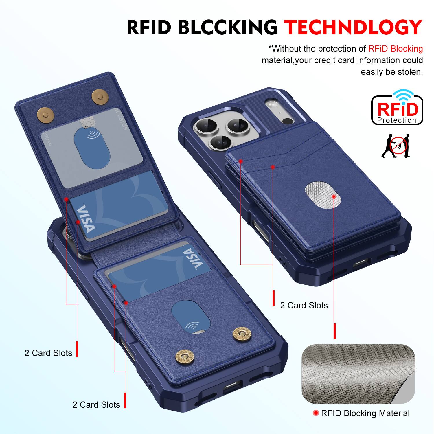 RFID BLOCKING TECHNOLOGY

*Without the protection of RFID Blocking material, your credit card information could easily be stolen.

ORDAN at cards RFID Protection

VISA

2 Card Slots

2 Card Slots

2 Card Slots

RFID Blocking Material
