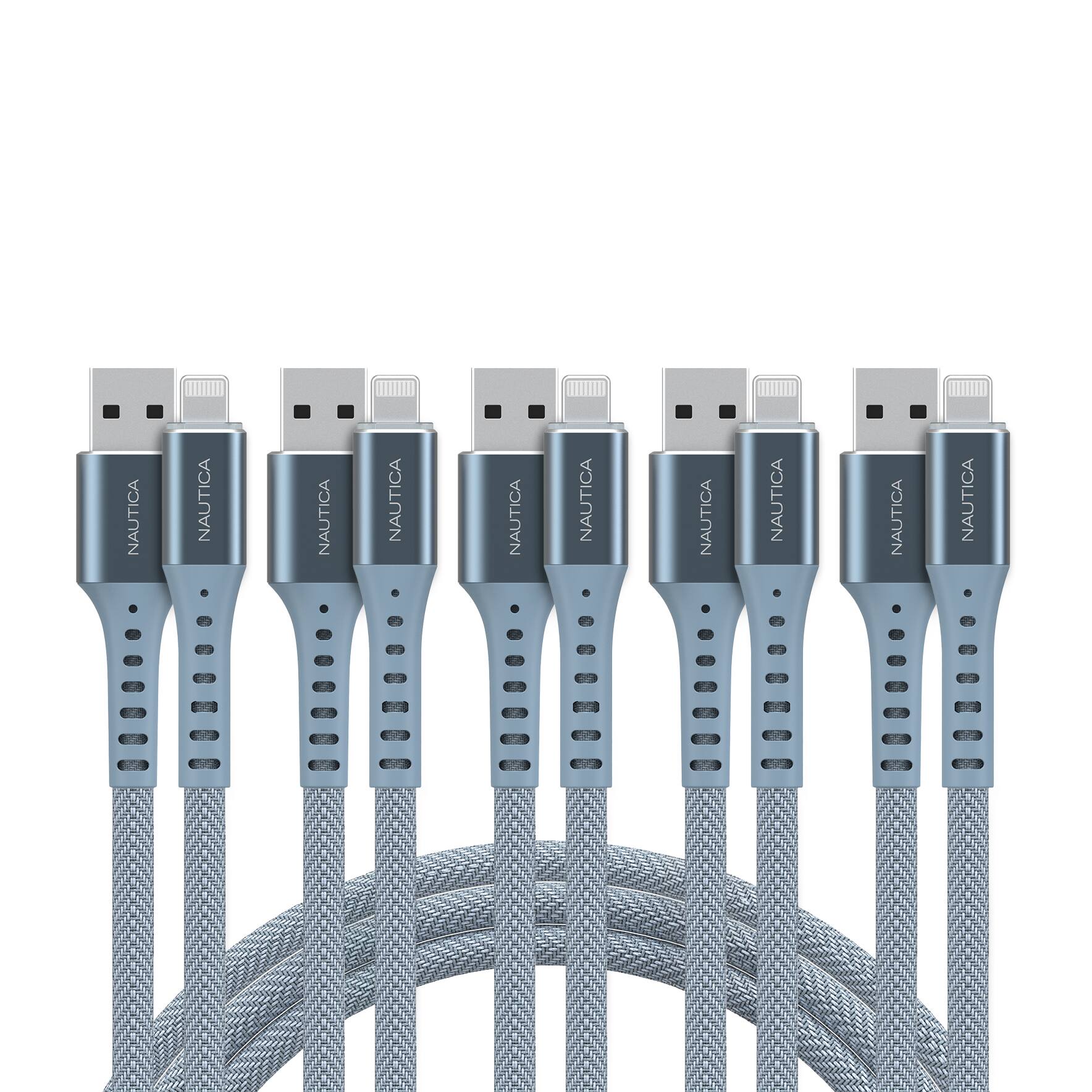 Nautica - 5 Pack 10 ft Lightning to USB A Cable MFi Certified Braided Extra Long Fast Charging iPhone, iPad Charger Cord - Blue - 5Pack