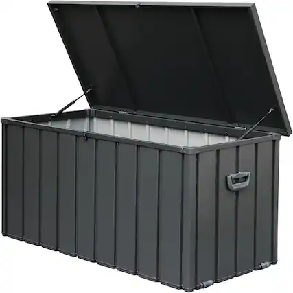 Front. HTUTWOO - 120 Gallon Outdoor Storage Deck Box-Waterproof Large Patio Storage Bin for Outside Cushions Throw Pillows Tools,Lockable - Dark Gray.