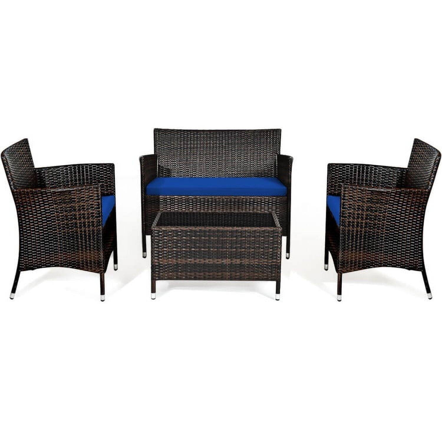 Alt View 5. Pefilos - 4 Pieces Padded Outdoor Rattan Sofa Set, Wicker Furniture Sets, Patio Conversation Sets with Washable Cushions - Blue.