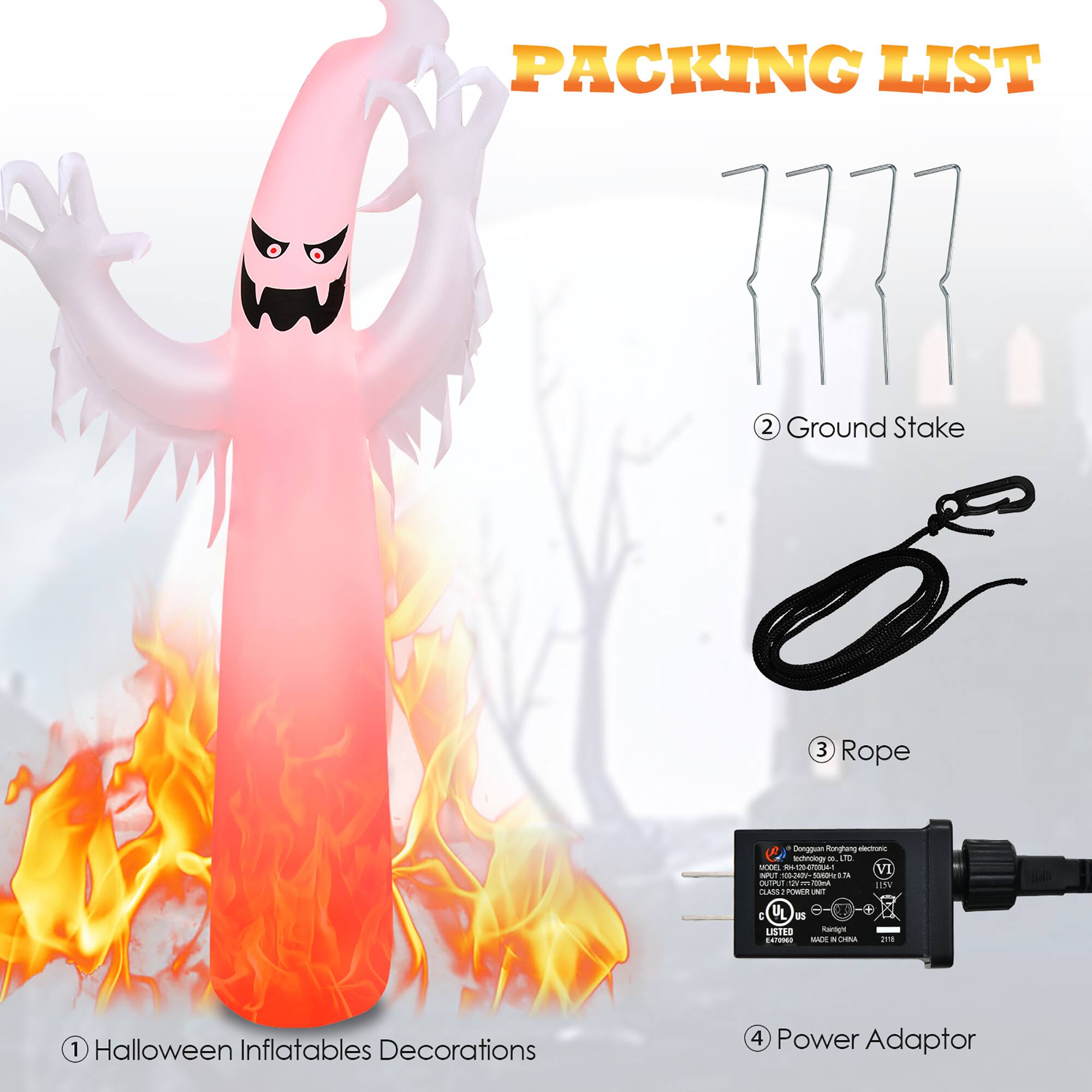 Packing List:

1. 2 Ground Stakes
2. 3 Rope
3. Halloween Inflatables Decorations
4. Power Adaptor