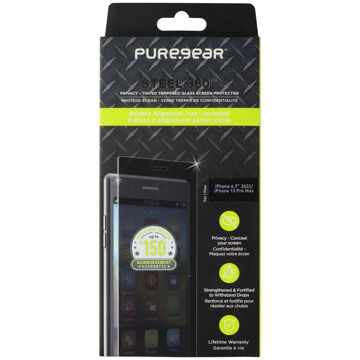 PUREGEAR STEEL 360 PRIVACY TINTED TEMPERED GLASS SCREEN PROTECTOR  
PROTÈGE-ÉCRAN - VERRE TREMPÉ DE CONFIDENTIALITÉ  
Perfect Alignment Tray" Included  
Plateau d'alignement parfait inclus  

12:56  
PU  
Pour iPhone 6.7" 2022/ iPhone 13 Pro Max  

Aa 1  
PROGRA  
up to 6  
150  
REIMBURSEMENT GUARANTEE  
Privacy Conceal your screen  
Confidentialité Maquez votre écran  

Strengthened & Fortified to Withstand Drops  
Renforcé et fortifié pour résister aux chutes  

Lifetime Warranty  
Garantie à vie